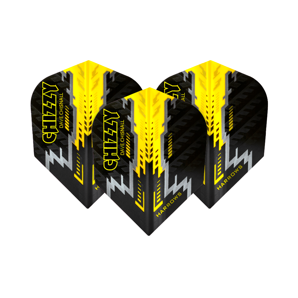 Das Bild zeigt vier Dartflights des Modells „Harrows Dave Chisnall Prime Schwarz Gelb No6“. Die Flights sind in Schwarz, Gelb und Silber gestaltet und tragen den Schriftzug „CHIZZY“.