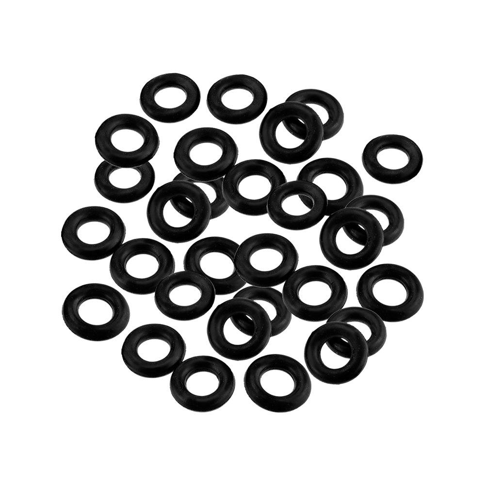 HRC51_Harrows_Clic_O-Rings_30er_1 Auf dem Bild sind mehrere schwarze Harrows Clic O-Rings zu sehen. Sie sind kreisförmig und liegen lose auf einer Fläche verteilt.