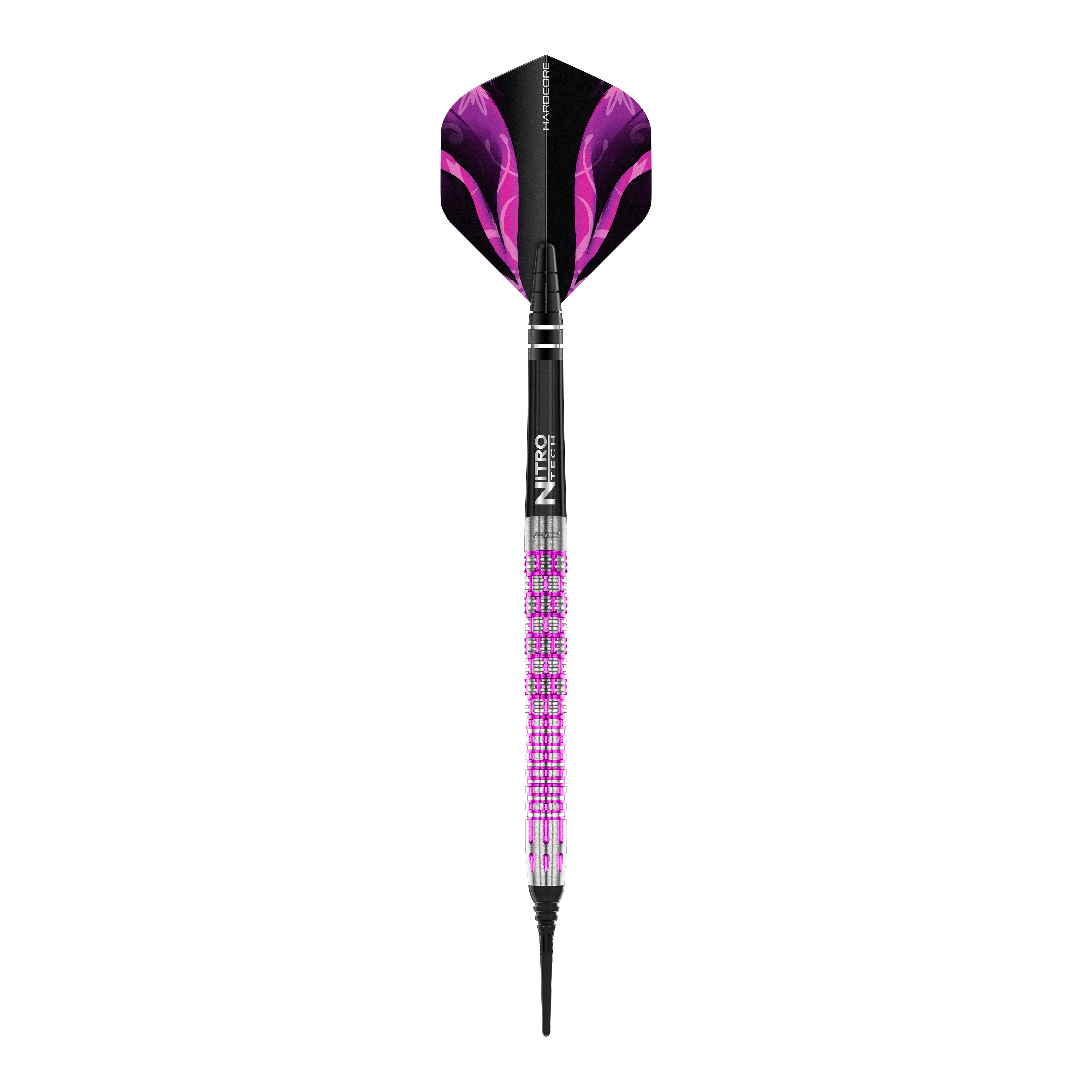 Red Dragon Tyrian Soft Darts - 22g Auf dem Bild ist der Red Dragon Tyrian Softdart mit einem Gewicht von 22g zu sehen. Der Dart hat ein auffälliges Design mit lila und pinken Akzenten.