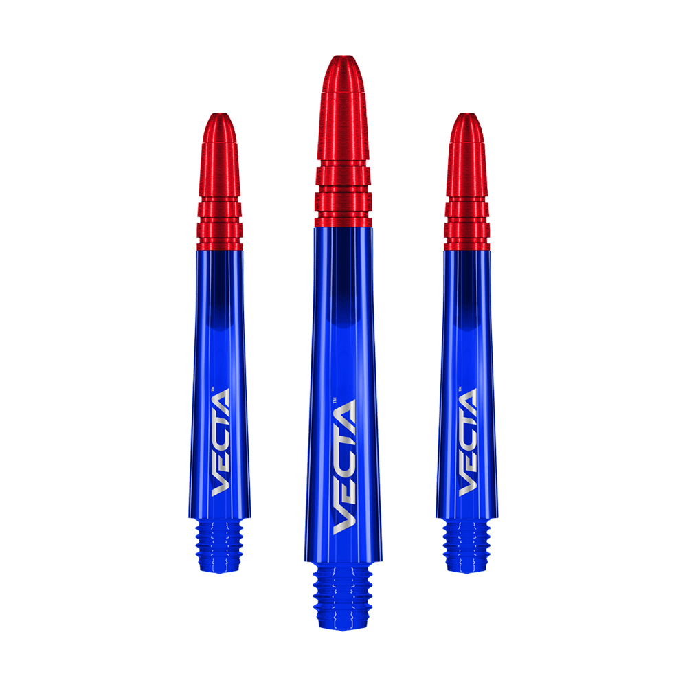 Winmau Vecta Shafts - Blue Red Auf dem Bild sind drei Dartschäfte in leuchtendem Blau mit roten Spitzen zu sehen. Auf jedem Schaft steht das Wort "VECTA" in weißer Schrift.