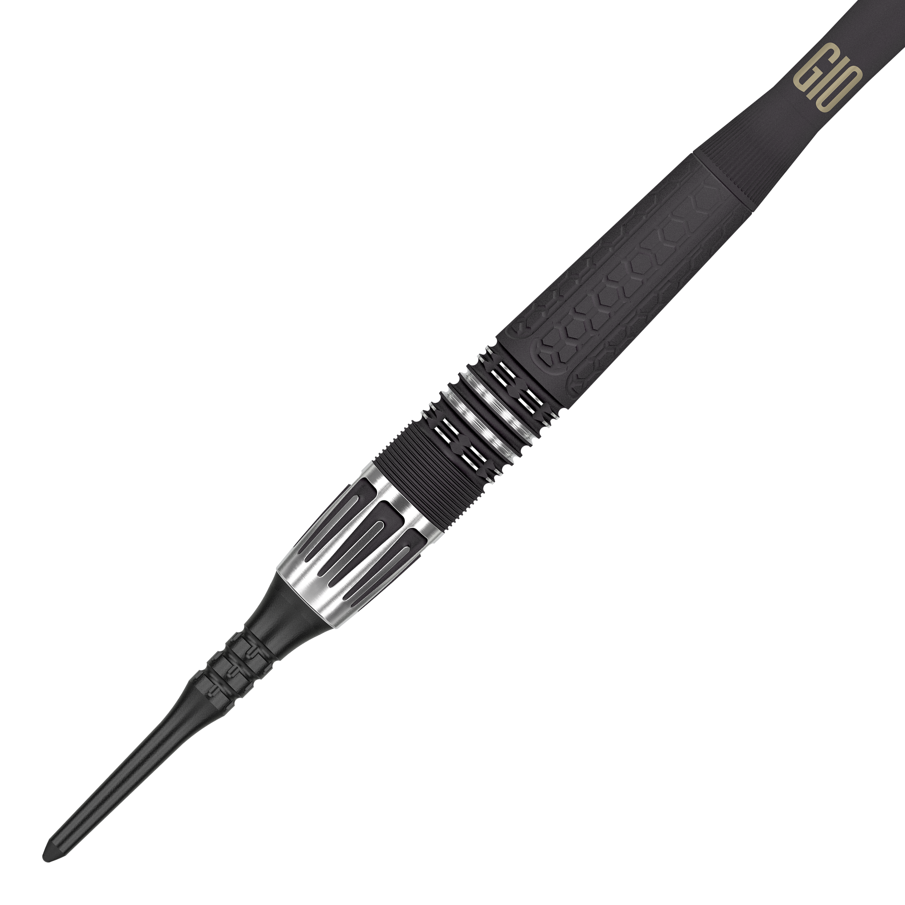 Target Phil Taylor Power 9Five GEN10 soft darts Das Bild zeigt einen modernen Softdartpfeil mit schwarzem und silbernem Design. Auf dem Griffstück steht die Aufschrift "G10".
