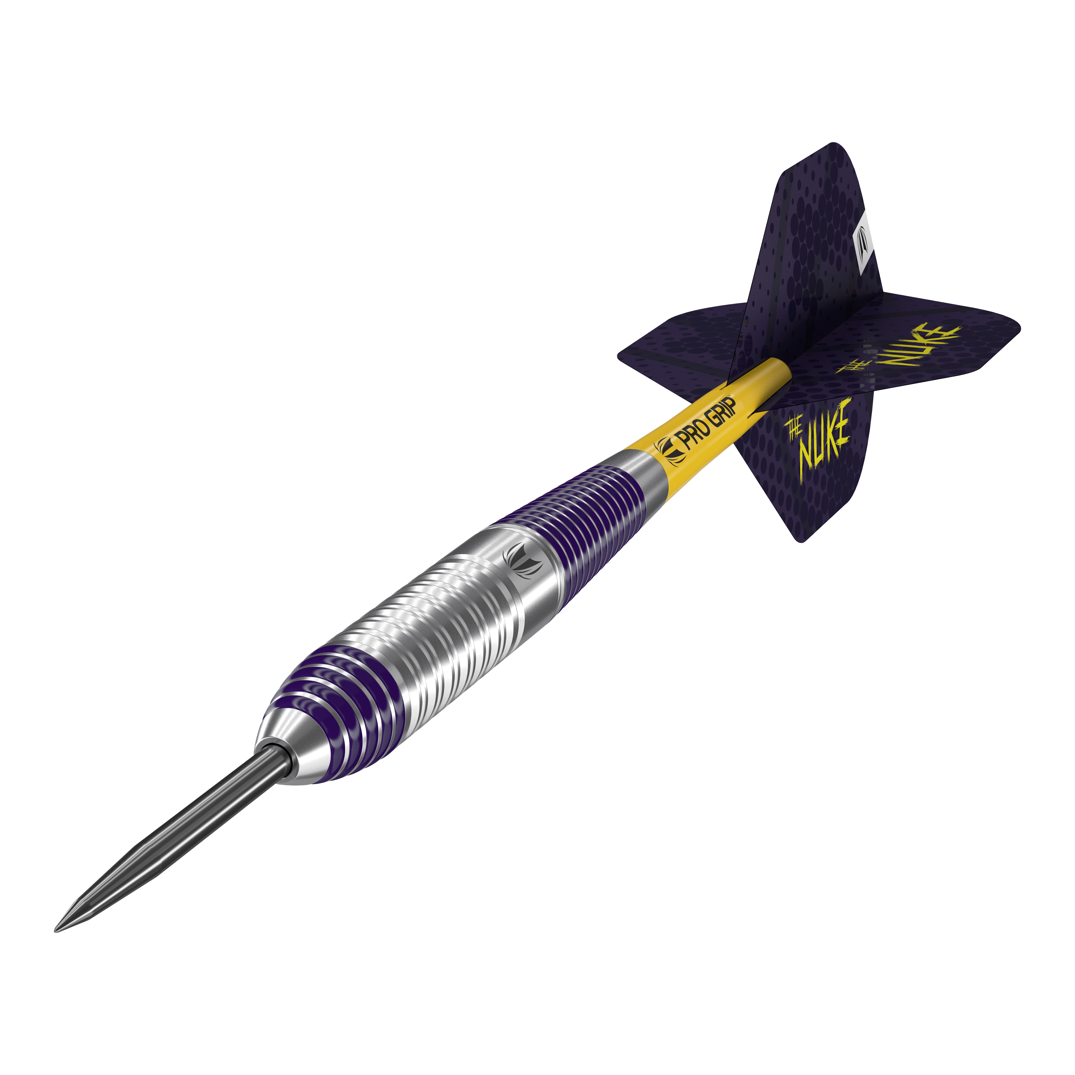 Target Luke Littler Brass Steel Darts - 22g Das Bild zeigt einen Target Luke Littler Brass Steeldart mit einem Gewicht von 22g. Der Dartpfeil hat ein silber-violettes Barrel, einen gelben Schaft mit der Aufschrift "PRO GRIP" und violette Flights mit der Aufschrift "THE NUKE".