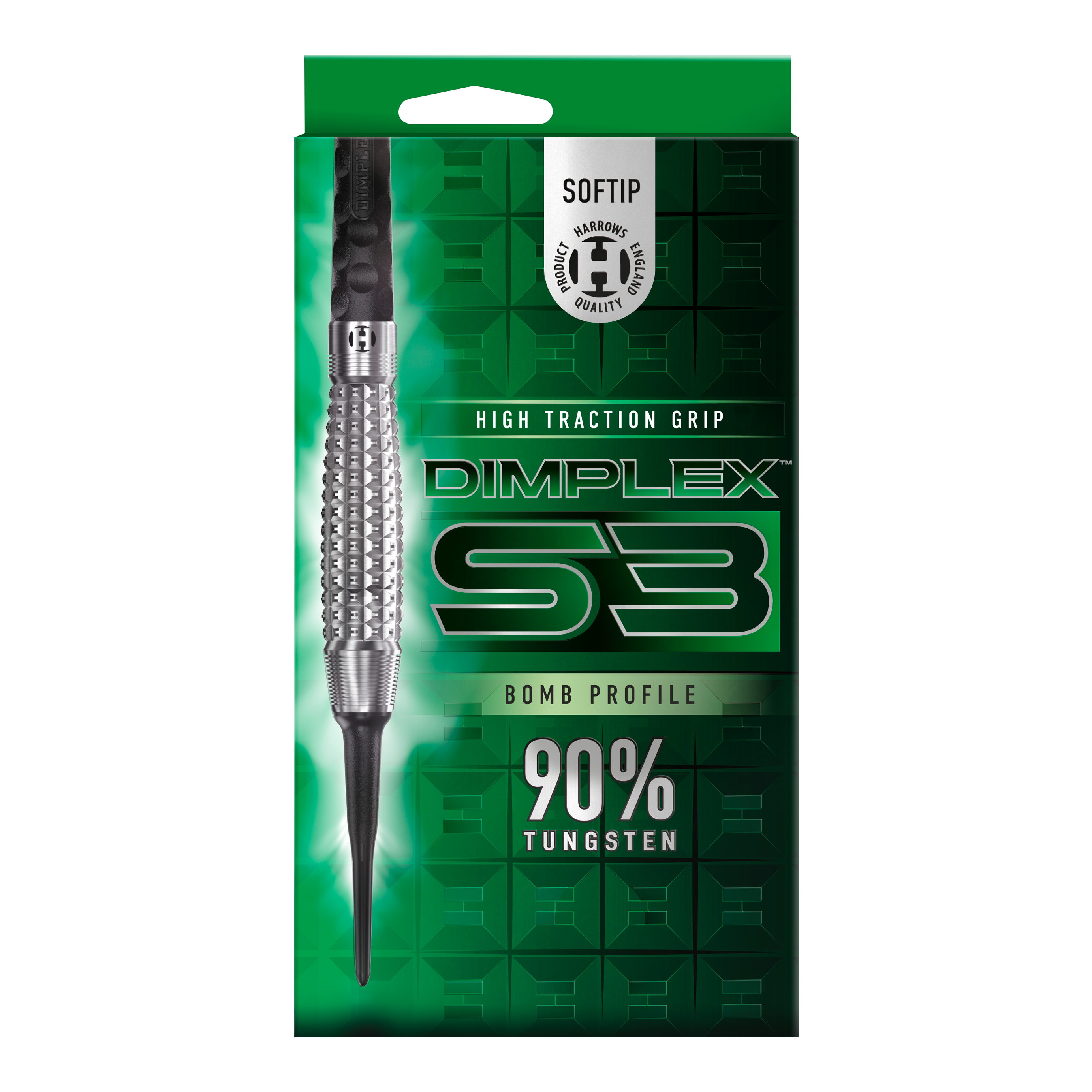 Harrows Dimplex S3 Bomb soft darts Das Bild zeigt eine Verpackung der "Harrows Dimplex S3 Bomb Softdarts". Auf der Verpackung steht, dass die Darts eine hohe Grifftraktion haben und aus 90% Wolfram bestehen.