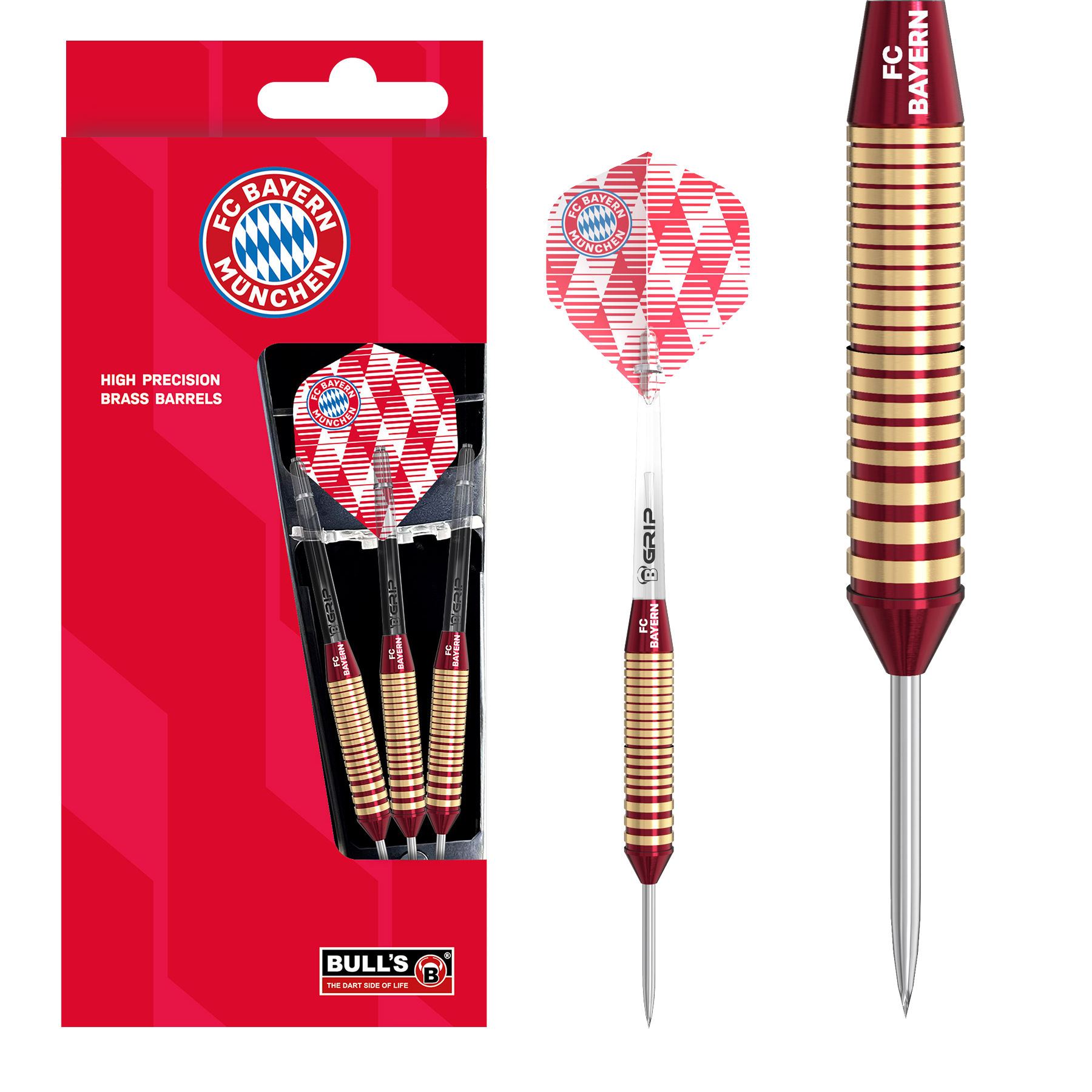 Bulls FC Bayern Munich Brass Steel Darts - 21g Abgebildet sind die Bulls FC Bayern München Brass Steeldarts mit einem Gewicht von 21g. Das Produkt ist ideal für Fans des FC Bayern München und Steeldartspieler.