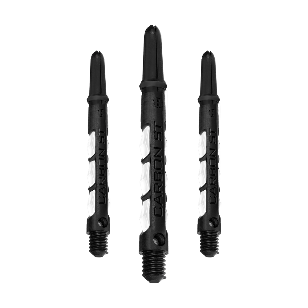 HR439_Harrows_Carbon_ST_Shafts_Weiss_47mm_13is9Gn9iaXzdc Das Bild zeigt drei Harrows Carbon ST Shafts in Weiß. Die Dartschäfte sind schwarz mit weißen Akzenten und dem Schriftzug "CARBON ST".