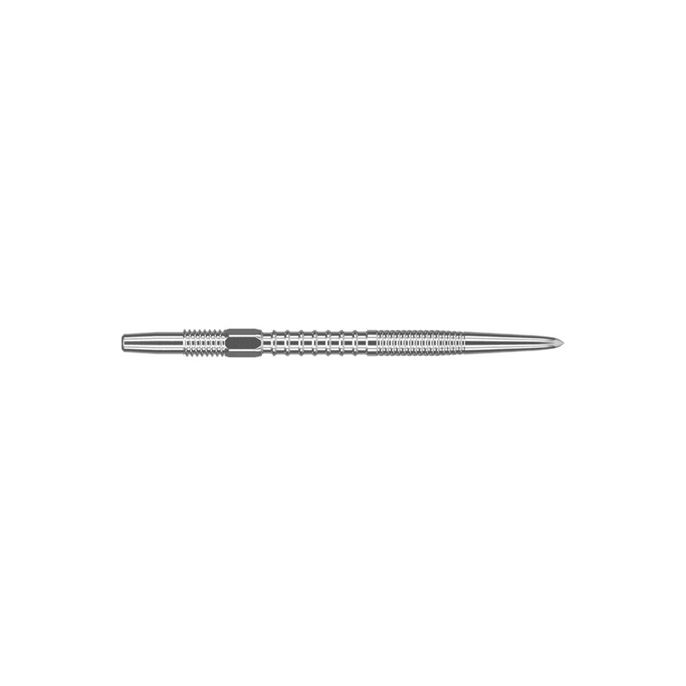 Target Swiss Firepoint Silver dart tips Das Bild zeigt eine silberne Dartspitze mit feinen Rillen. Sie ist lang, schlank und aus Metall gefertigt.