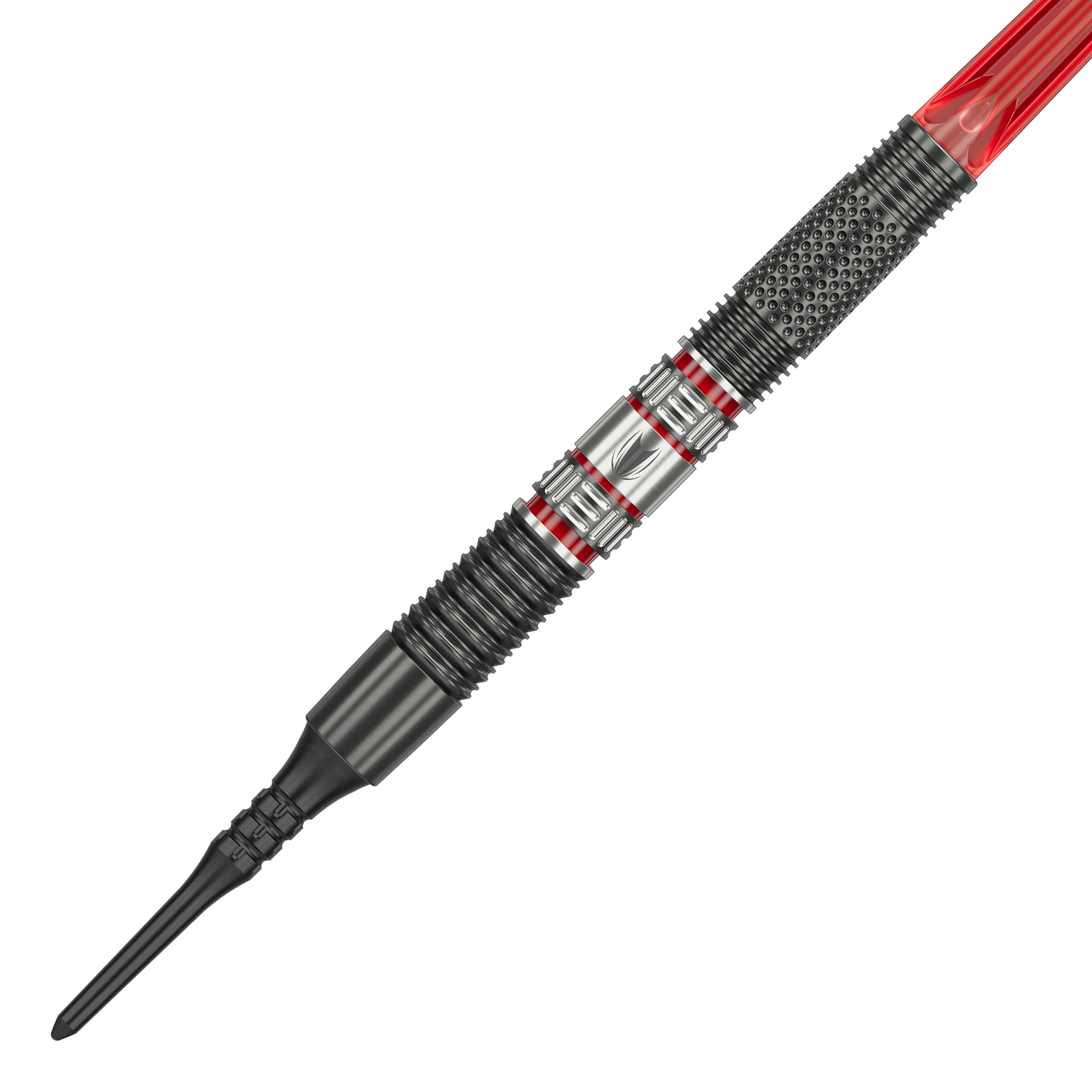 Target Gabriel Clemens 95K soft darts - 19g Das Bild zeigt einen Target Gabriel Clemens 95K Softdart mit einem Gewicht von 19 Gramm. Der Dart hat ein auffälliges Design mit silbernen, schwarzen und roten Elementen.