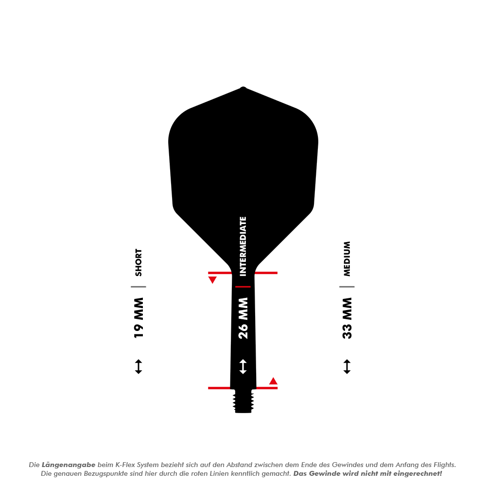 Target K-Flex Phil Taylor No2 Standard Flight Shaft System Das Bild zeigt eine Dart-Flightschafte mit Längenangaben in Millimetern. Es werden die drei Längen "Short" (19 mm), "Intermediate" (26 mm) und "Medium" (33 mm) dargestellt.
