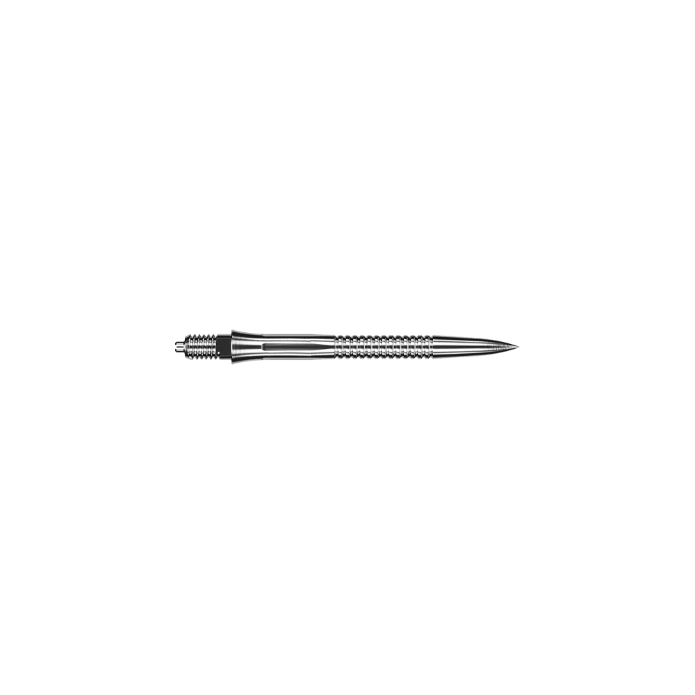 Caliburn EZ-EVO dart tips - Grooved - Silver Zu sehen sind Dartspitzen mit Rillen im silbernen Design und einer Länge von 28 mm. Diese Dartspitzen sind für präzises Dartspiel gedacht.