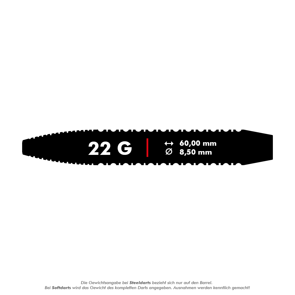 170007_Target_Dimitri_Van_Den_Bergh_Brass_Steeldarts_5_22g Das Bild zeigt die Abmessungen und das Gewicht des Produkts "Target Dimitri Van Den Bergh Brass Steeldarts - 22g". Der Dart hat ein Gewicht von 22 Gramm, ist 60,00 mm lang und hat einen Durchmesser von 8,50 mm.