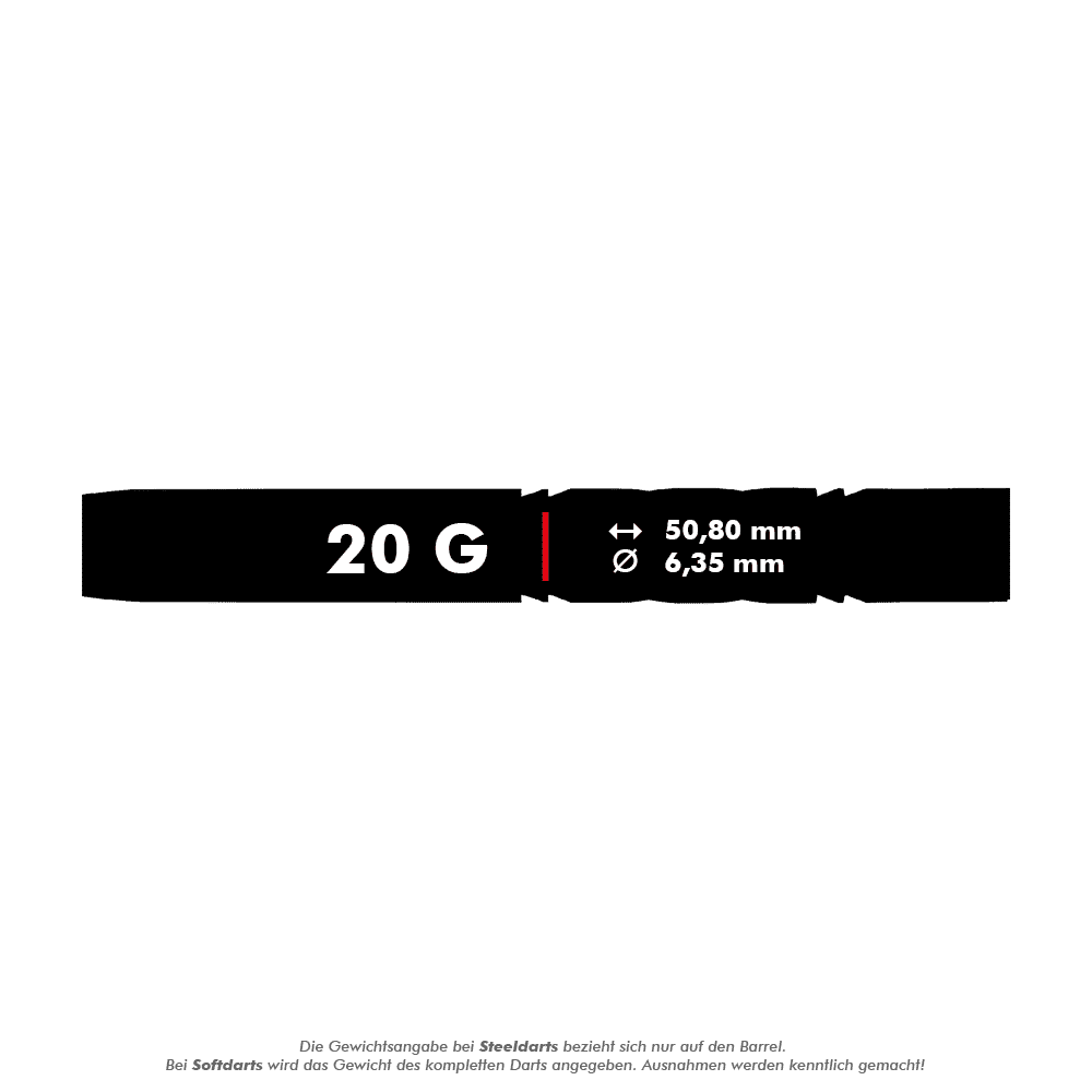 RD2546_Red_Dragon_Gerwyn_Price_Avalanche_Gold_Softdarts_5_20g Das Bild zeigt den Red Dragon Gerwyn Price Avalanche Gold Softdart mit einem Gewicht von 20 Gramm. Die Länge beträgt 50,80 mm und der Durchmesser 6,35 mm.