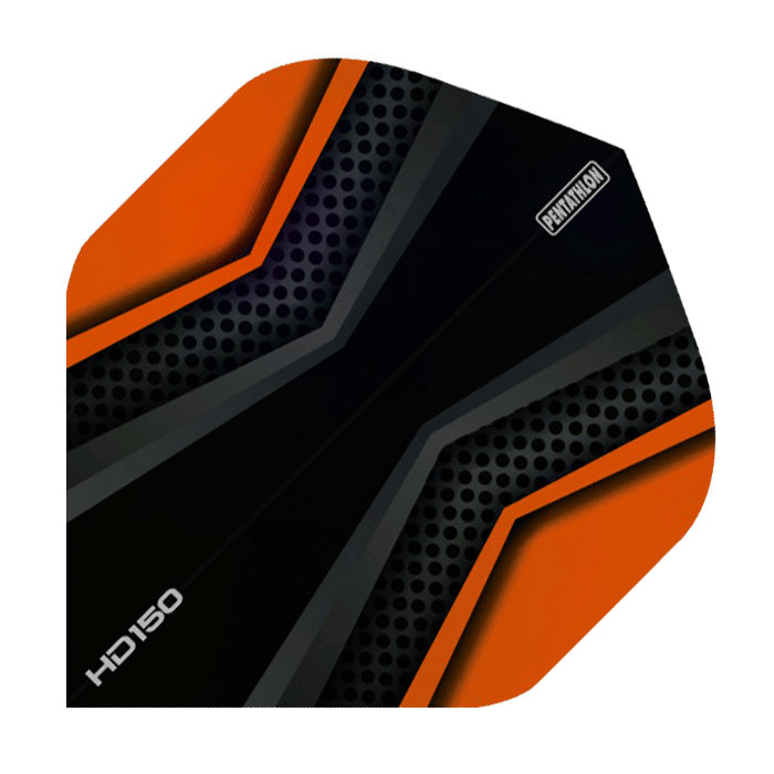 HD2028-Pentathlon-HD150-Black-Orange Das Bild zeigt ein Dart-Flight mit dem Namen "HD 150 Pentathlon Flights Black/Orange". Es ist überwiegend schwarz mit orangefarbenen Akzenten und einem modernen, sportlichen Design.