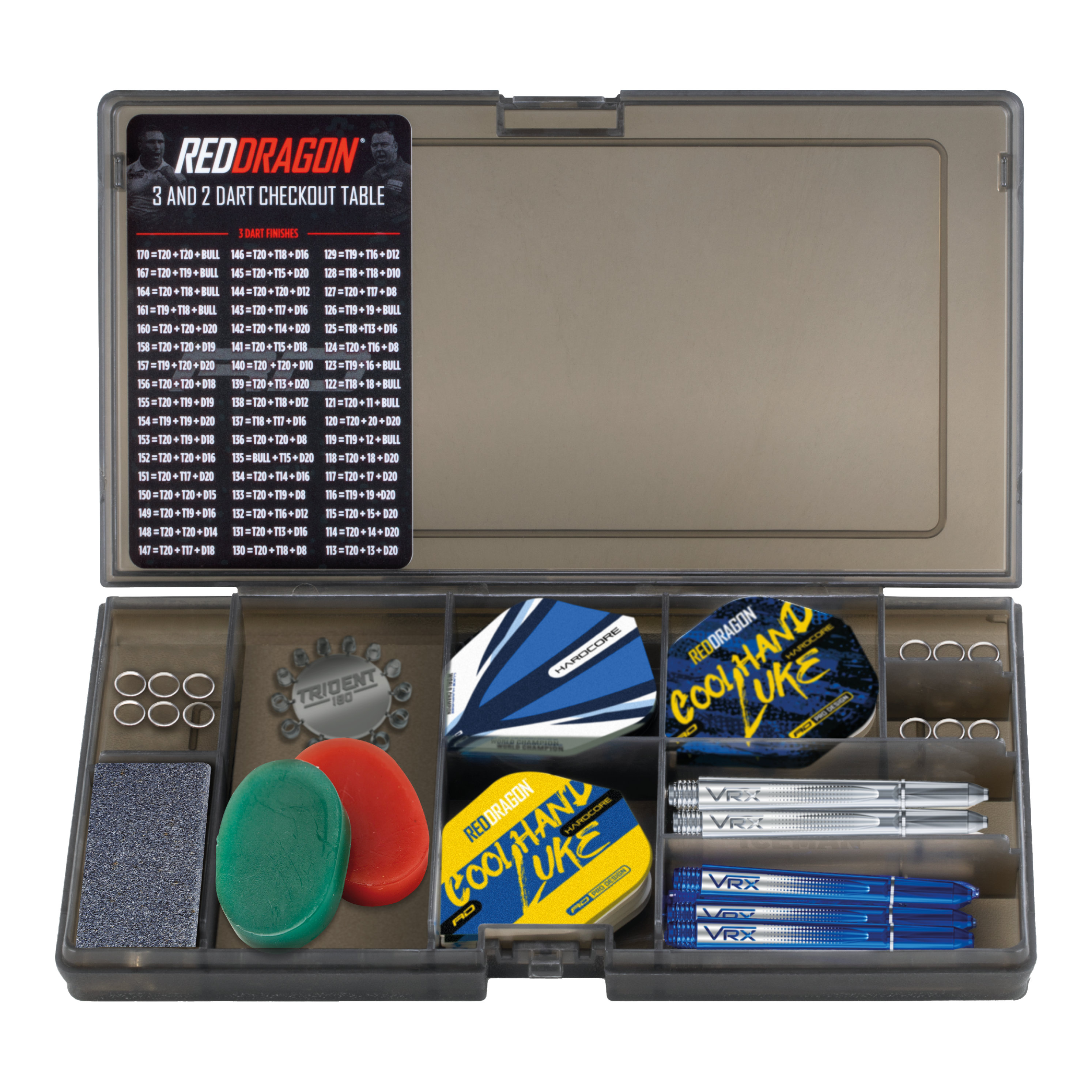 Red Dragon Luke Humphries Optima Accessory Pack Das Bild zeigt das Red Dragon Luke Humphries Optima Zubehör Pack für Darts. In der Box befinden sich Flights, Shafts, Ringe, Schleifsteine, ein Checkout-Tabelle und weiteres Dartzubehör.