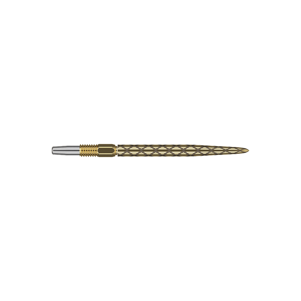 Target Swiss Diamond Pro Gold dart tips Das Bild zeigt eine goldene Dartspitze mit einem filigranen, rautenförmigen Muster. Die Spitze hat einen silbernen Ansatz und ist insgesamt schlank und länglich geformt.