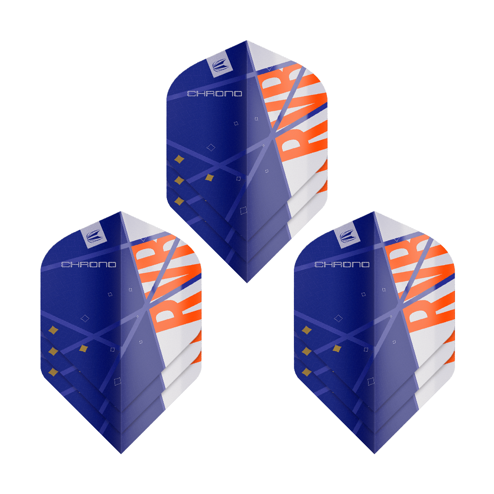 Das Bild zeigt drei Sets von Target Pro Ultra Raymond Van Barneveld Chrono No2 Standard Flights. Die Flights sind überwiegend blau mit orangenen und weißen Akzenten gestaltet.