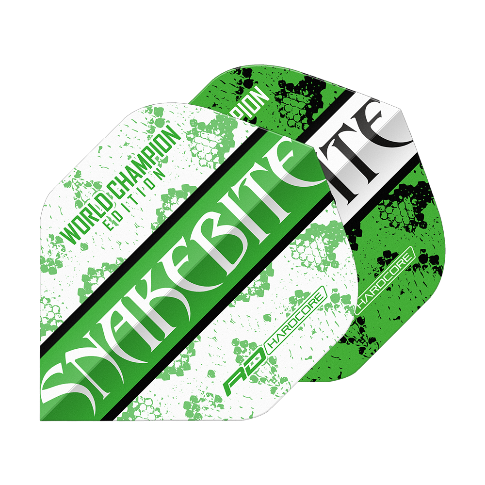 Red Dragon Peter Wright Snakebite Green White Yin Yang Standard Flights Das Bild zeigt zwei Dart-Flights in grün-weißem Design mit der Aufschrift "SNAKEBITE". Auf einem Flight steht zusätzlich "WORLD CHAMPION EDITION" und beide haben ein Schlangenhaut-Muster.