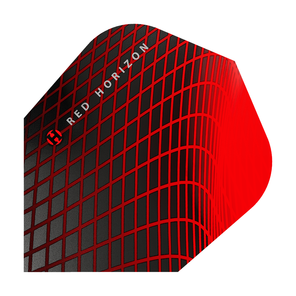 HR69_Harrows_Prime_Red_Horizon_No6_Flights_1Ib8zjFOVkw42U Das Bild zeigt die Harrows Prime Red Horizon No6 Flights. Das Design ist schwarz mit einem auffälligen roten Gittermuster und dem Schriftzug "RED HORIZON".