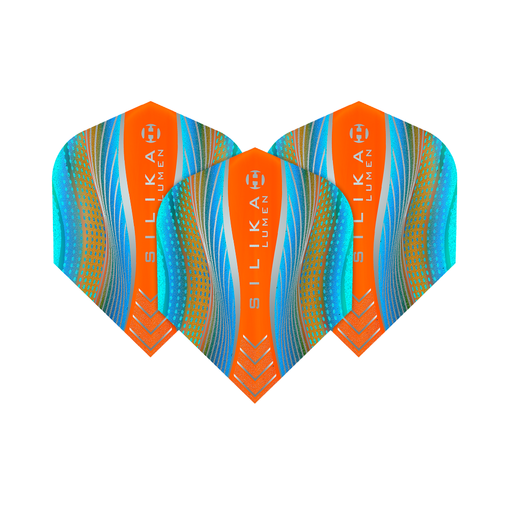Das Bild zeigt drei Dart-Flights des Modells „Harrows Silika Lumen Cyan Orange No6“. Die Flights sind in auffälligen Farben mit orangefarbenen, blauen und goldenen Mustern gestaltet.