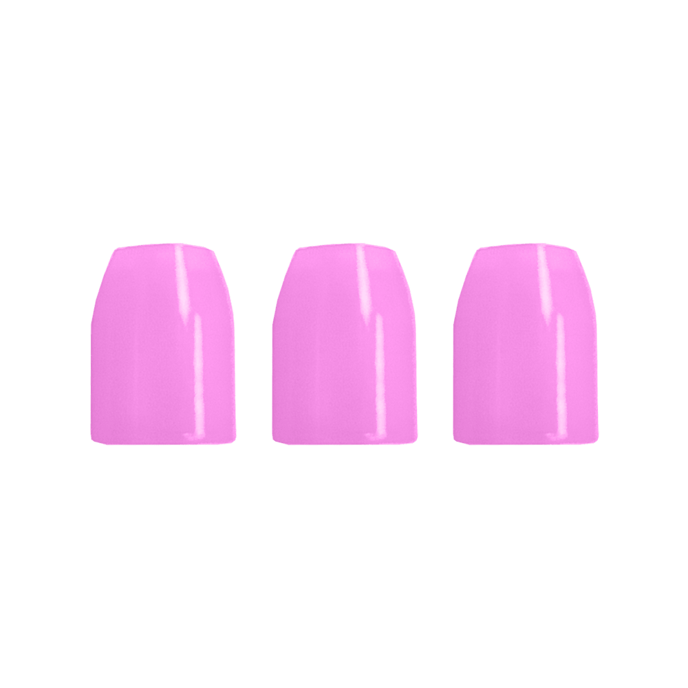 LSF8_L-Style_Champagne-Ringe_Pink_2 Das Bild zeigt drei nebeneinander stehende künstliche Fingernägel. Sie sind alle in einem glänzenden Pink lackiert.