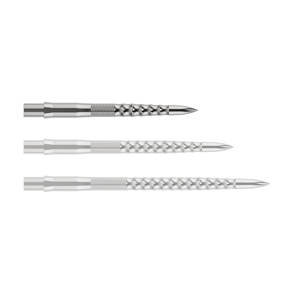 Mission Caliburn EVO dart tips - Ripple - Silver Das Bild zeigt drei silberne Steeldartspitzen, die nebeneinander liegen. Sie haben eine geriffelte Struktur und laufen vorne spitz zu.