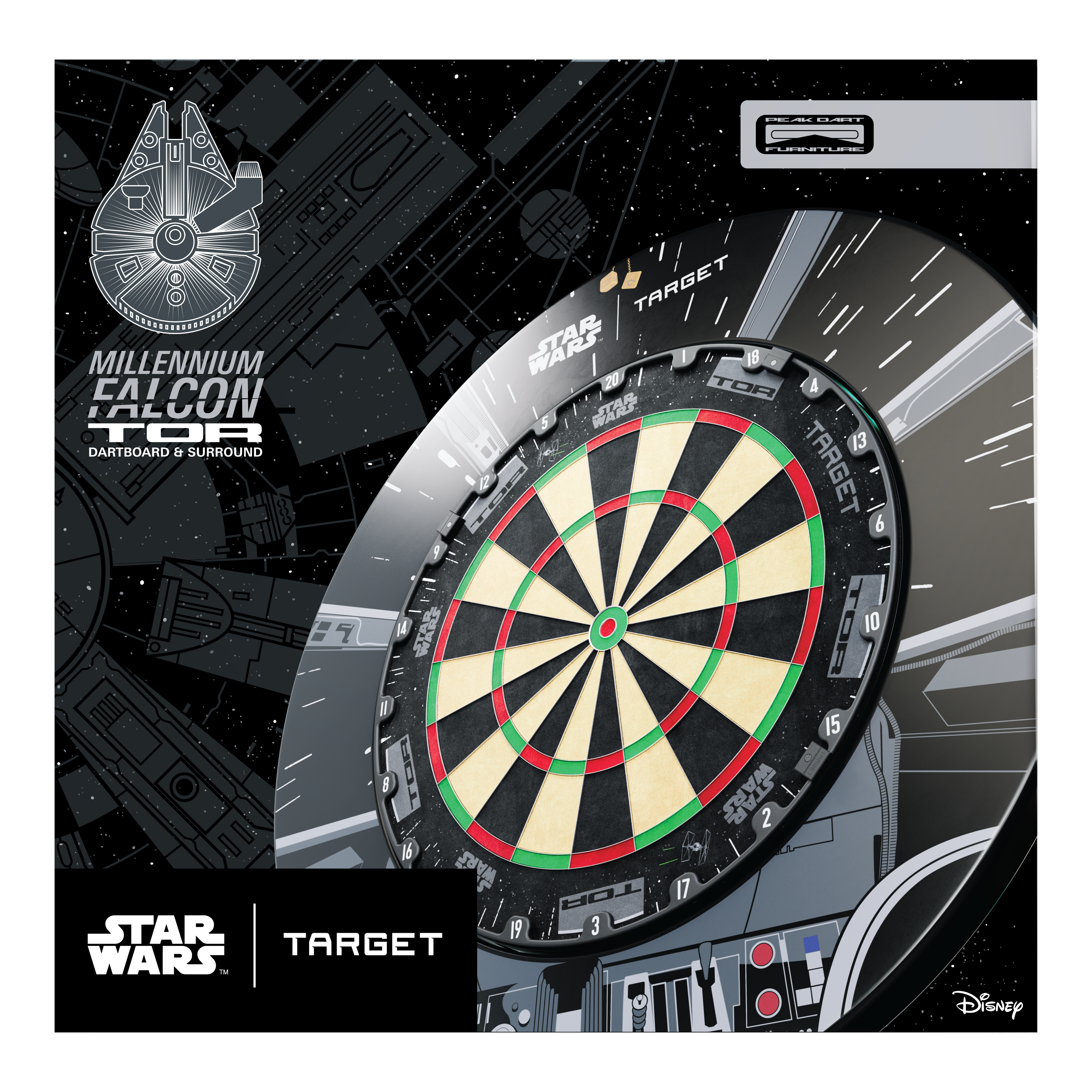 Target Star Wars Millennium Falcon TOR Dartboard Surround Bundle Auf dem Bild ist das Target Star Wars Millennium Falcon Surround Board Bundle zu sehen. Das Produkt richtet sich an Fans von Star Wars und Darts.