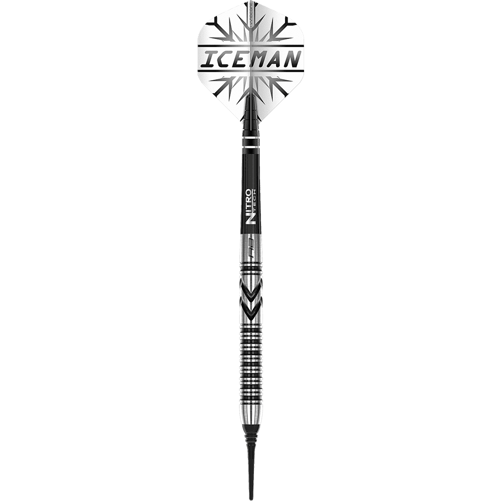 RD2471_Red_Dragon_Gerwyn_Price_Thunderbolt_Softdarts_1G5iaEOD4p8eDn Das Bild zeigt einen Red Dragon Gerwyn Price Thunderbolt Softdart mit 20 Gramm Gewicht. Auf dem Dart steht "ICEMAN" und er hat ein silber-schwarzes Design.