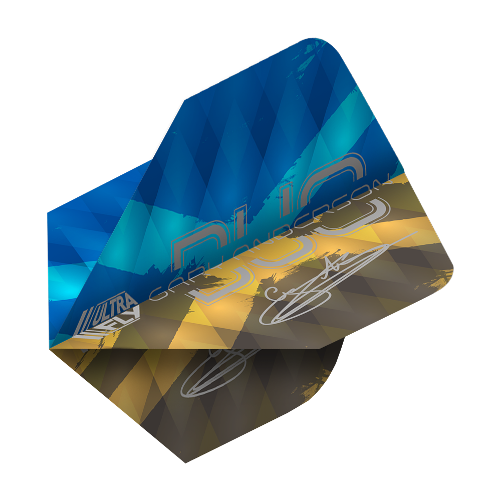 Unicorn Ultrafly 100 Gary Anderson Duo Plus Flights Das Bild zeigt ein Dartflight mit einem modernen Rautenmuster in Blau-, Gelb- und Brauntönen. Auf dem Flight stehen die Wörter "Gary Anderson Duo Plus" sowie eine Unterschrift.