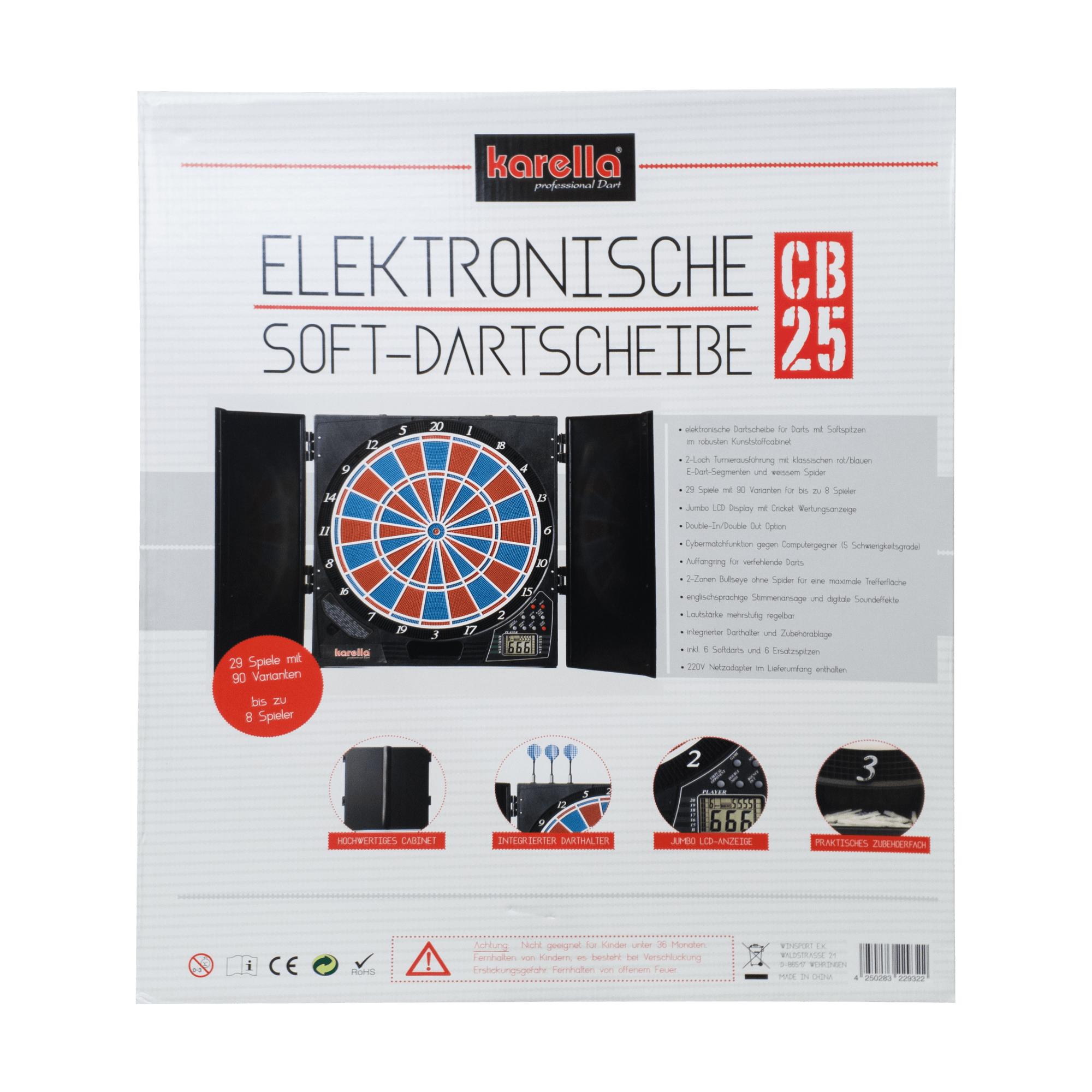 Electronic dartboard CB 25 tournament version Die Abbildung zeigt die Verpackung der elektronischen Soft-Dartscheibe CB 25 von Karella. Auf der Vorderseite sind Produktmerkmale und Bilder der Dartscheibe mit Zubehör abgebildet.