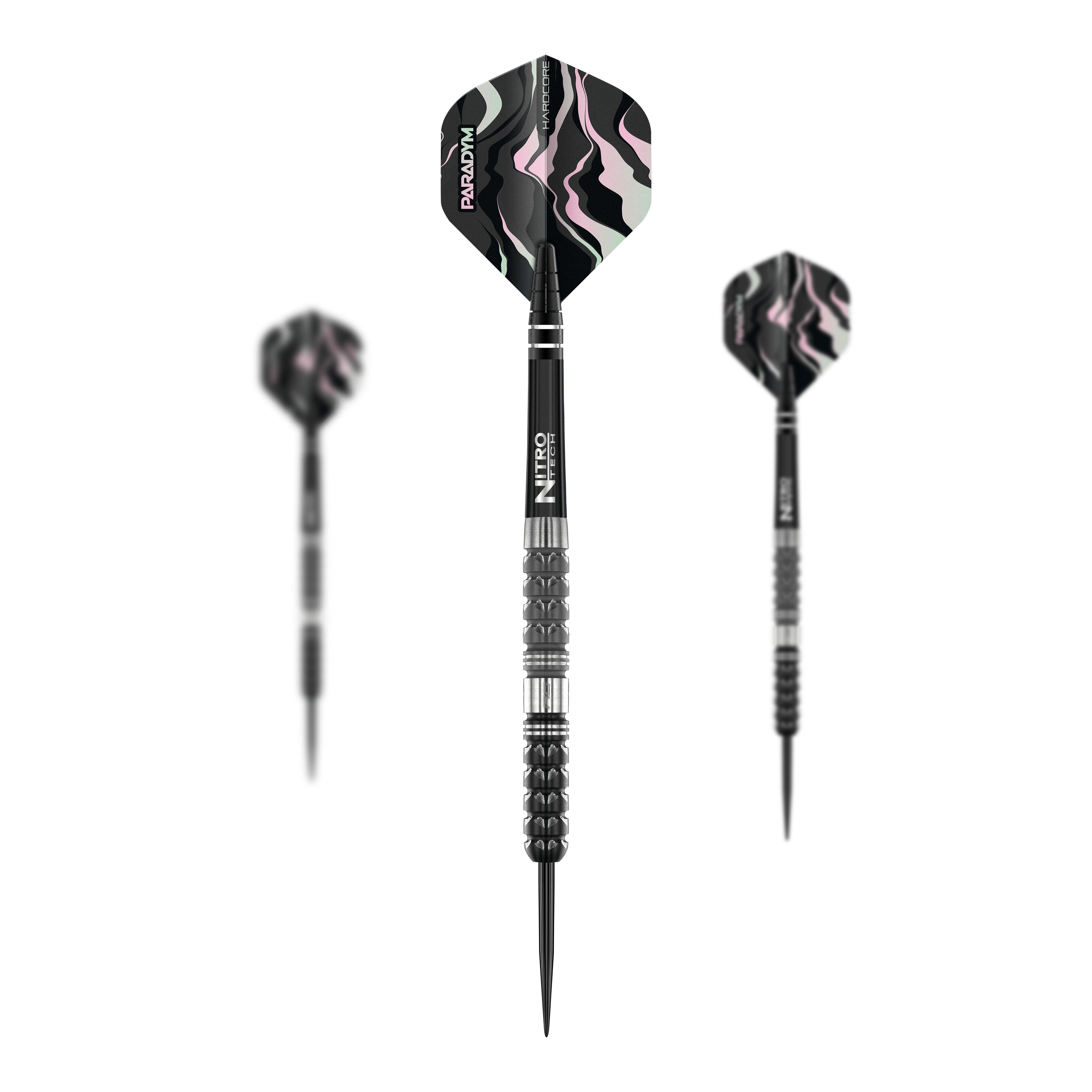 Red Dragon Paradym Tapered Steel Darts Auf dem Bild sind drei Red Dragon Paradym Tapered Steeldarts zu sehen. Die Darts haben ein schwarzes Design mit silbernen Akzenten und gemusterten Flights.