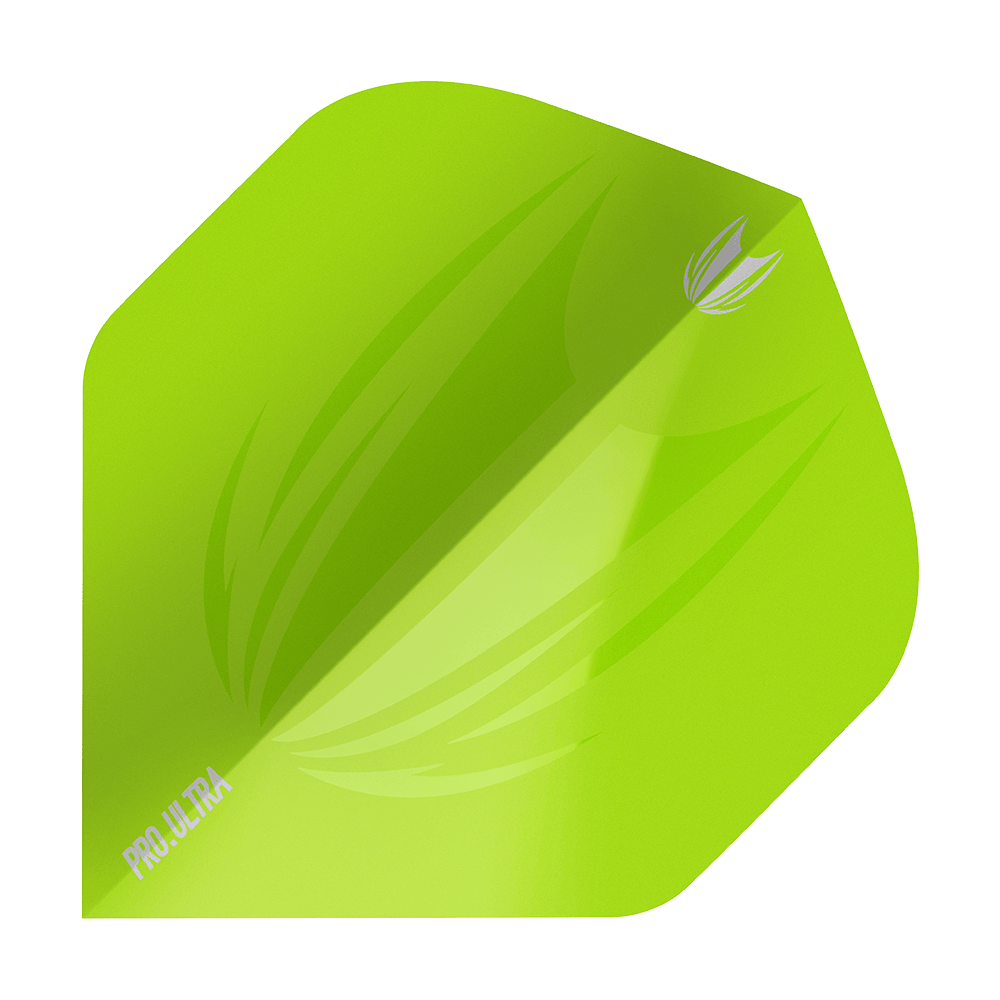 Das Bild zeigt ein limegrünes Dartflight mit dem Aufdruck "PRO ULTRA". Das Flight hat ein modernes Design mit einem stilisierten Muster und ist in der Standardform gehalten.