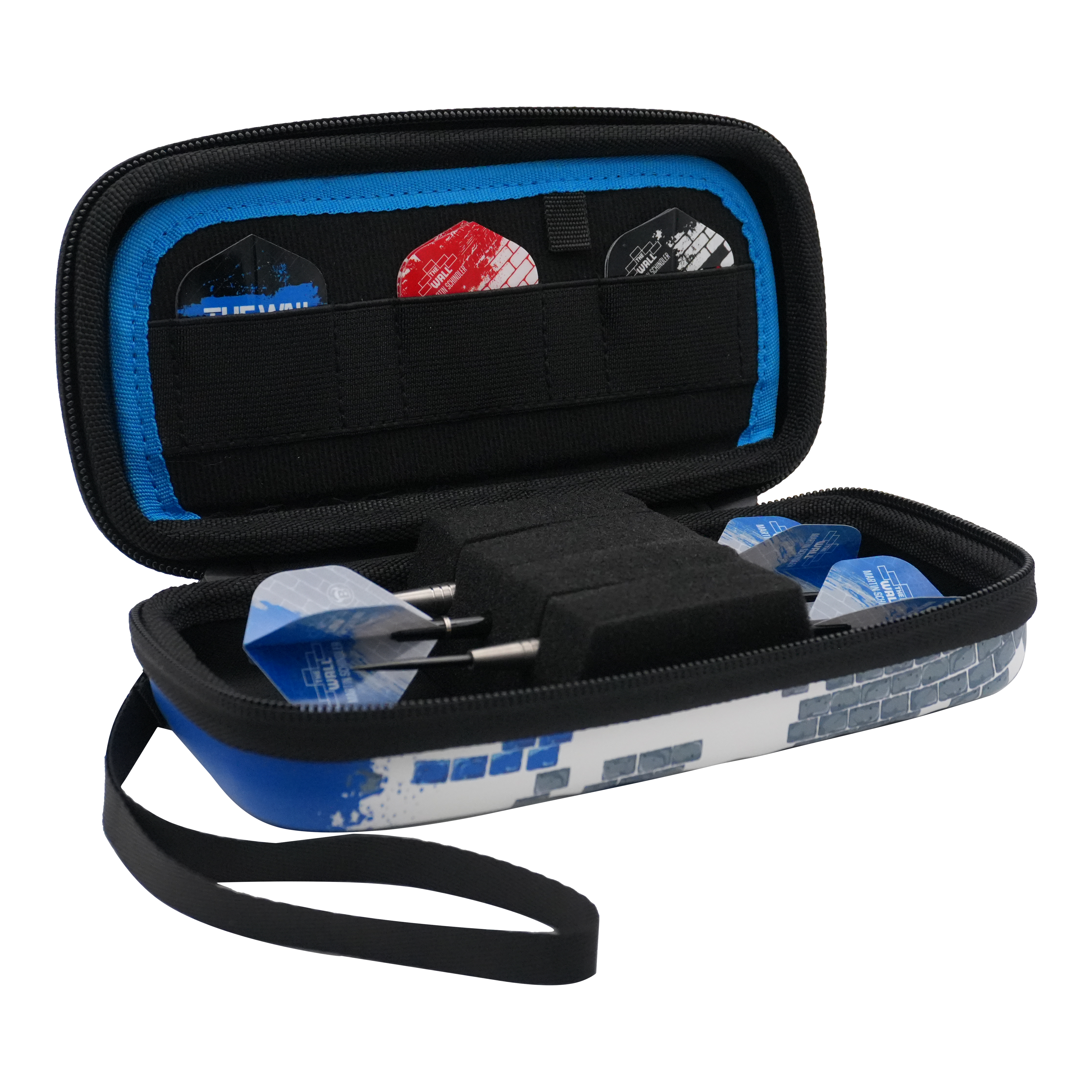 Bulls Orbis S Martin Schindler dart case Das Bild zeigt ein geöffnetes Dartcase mit mehreren Darts und Flights darin. Das Etui ist blau-weiß und trägt das Design des Bulls Orbis S Martin Schindler Dartcase.