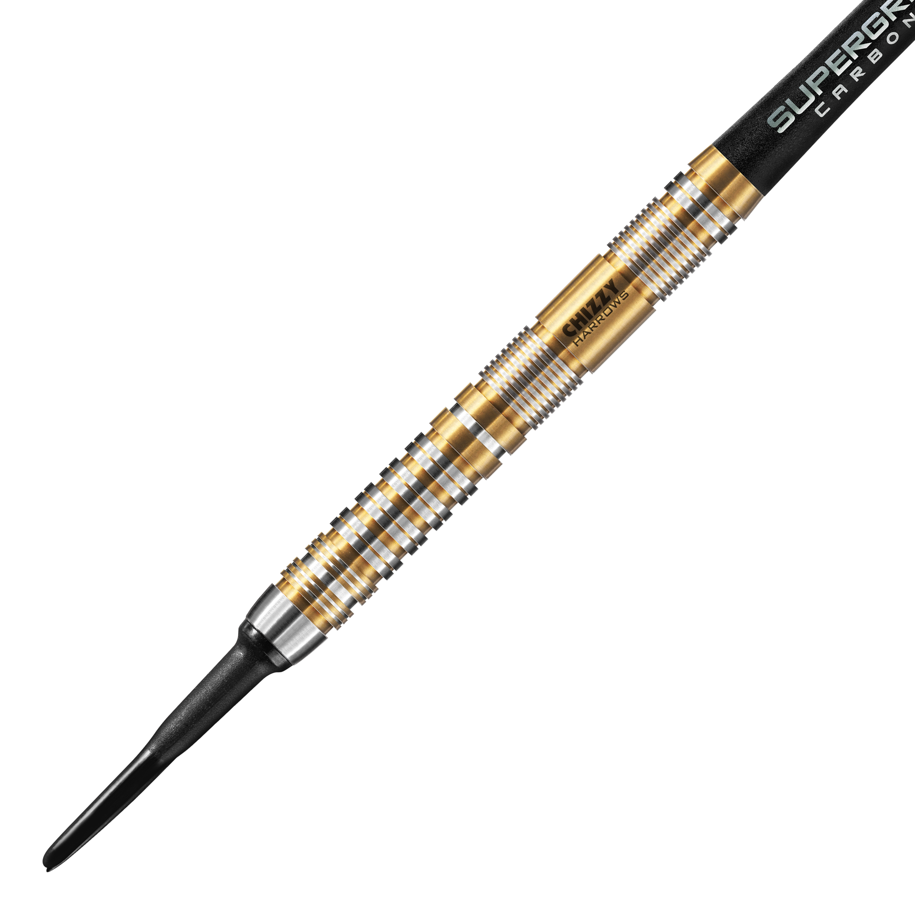 Harrow's Dave Chisnall Chizzy Series 2 soft darts Das Bild zeigt einen Harrows Dave Chisnall Chizzy Series 2 Softdart. Der Dartpfeil hat ein auffälliges Design mit goldenen und silbernen Ringen entlang des Barrels.