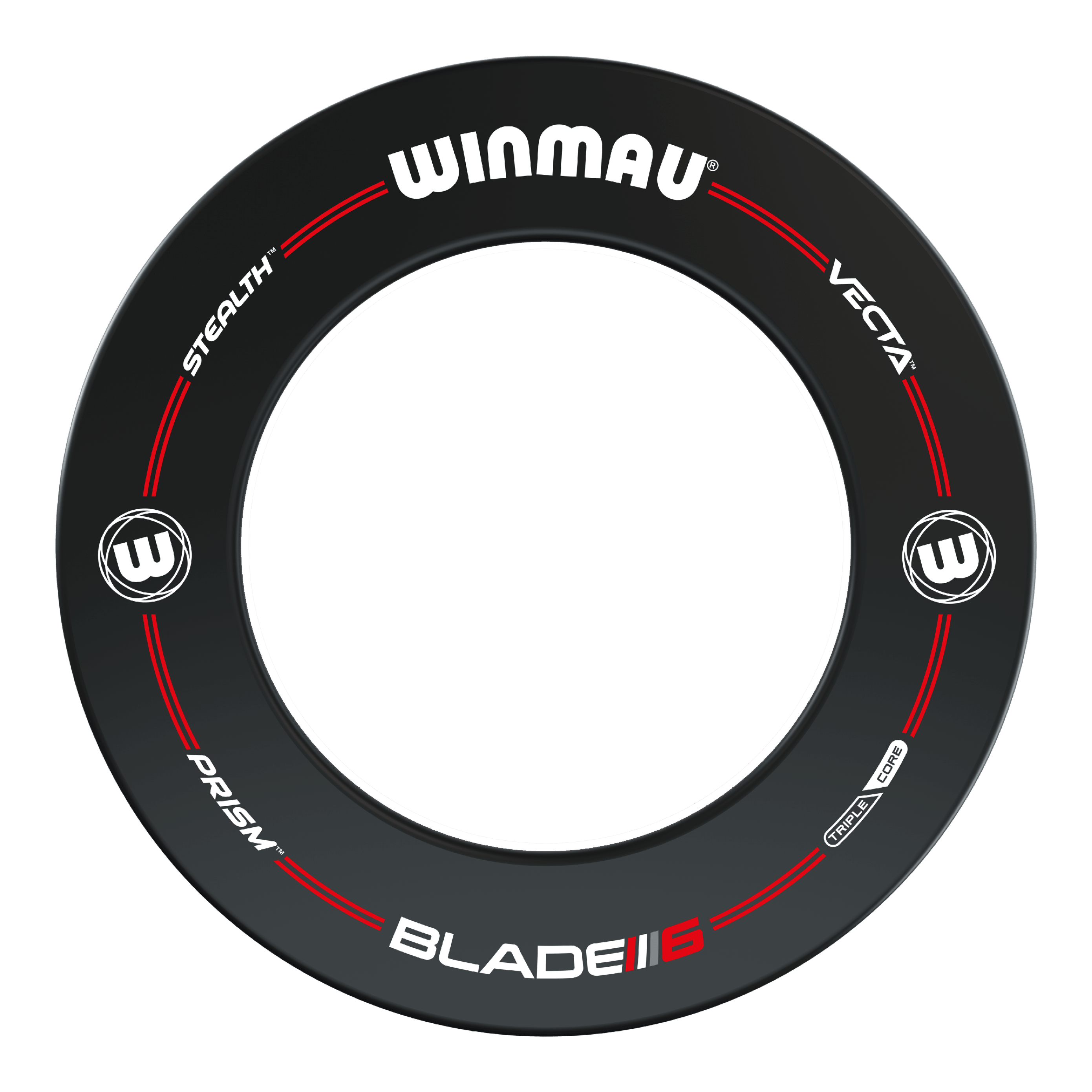 Das Bild zeigt das Produkt "Winmau Pro-Line Blade 6 Dartboard Surround". Es ist ein schwarzer Dartboard-Ring mit weißen und roten Akzenten sowie verschiedenen Markenlogos.