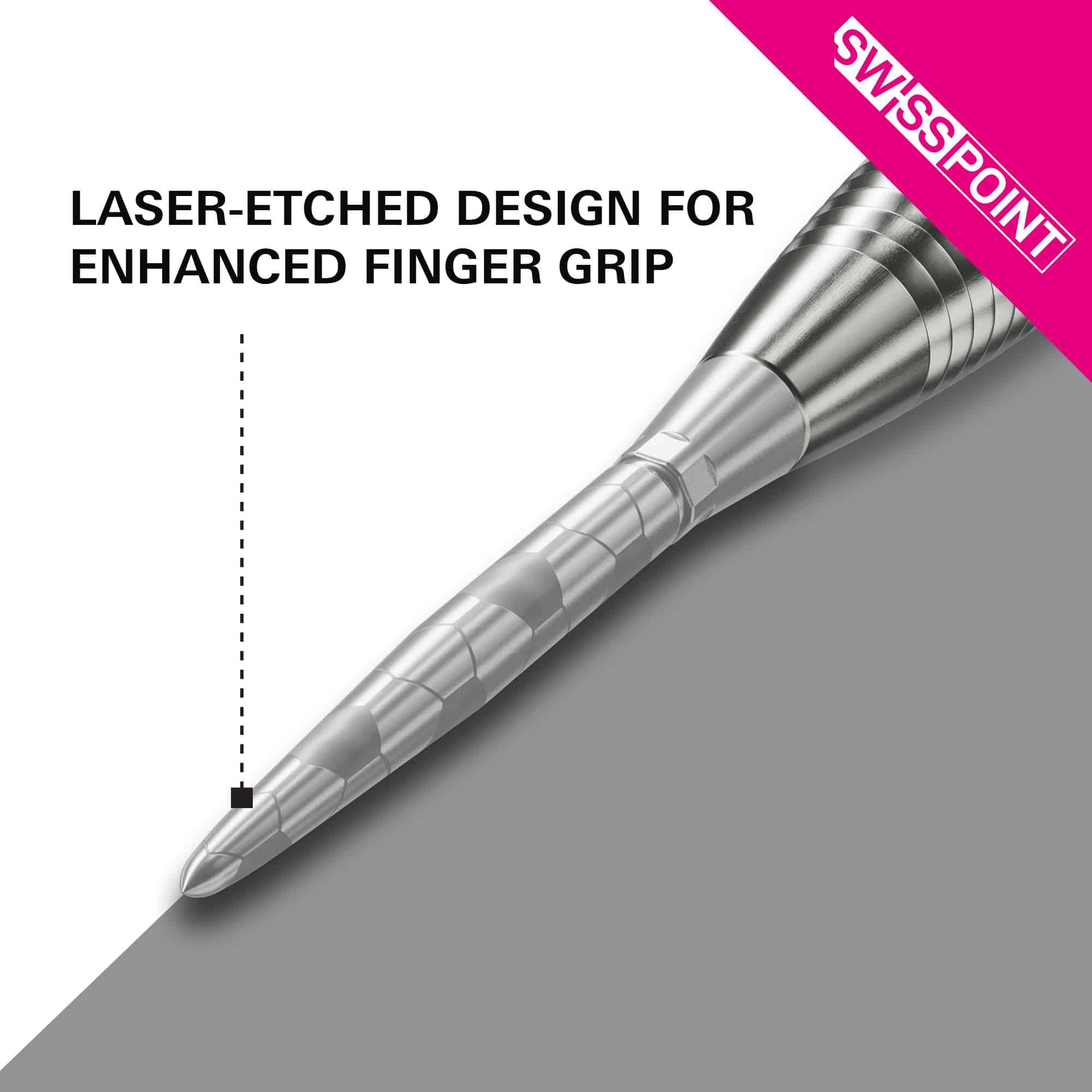 Target Swiss Storm Onyx Point Dart Tips - Silver Das Bild zeigt die silberne Dartspitze "Target Swiss Storm Onyx Point". Die Spitze verfügt über ein lasergraviertes Design für einen verbesserten Fingergriff.