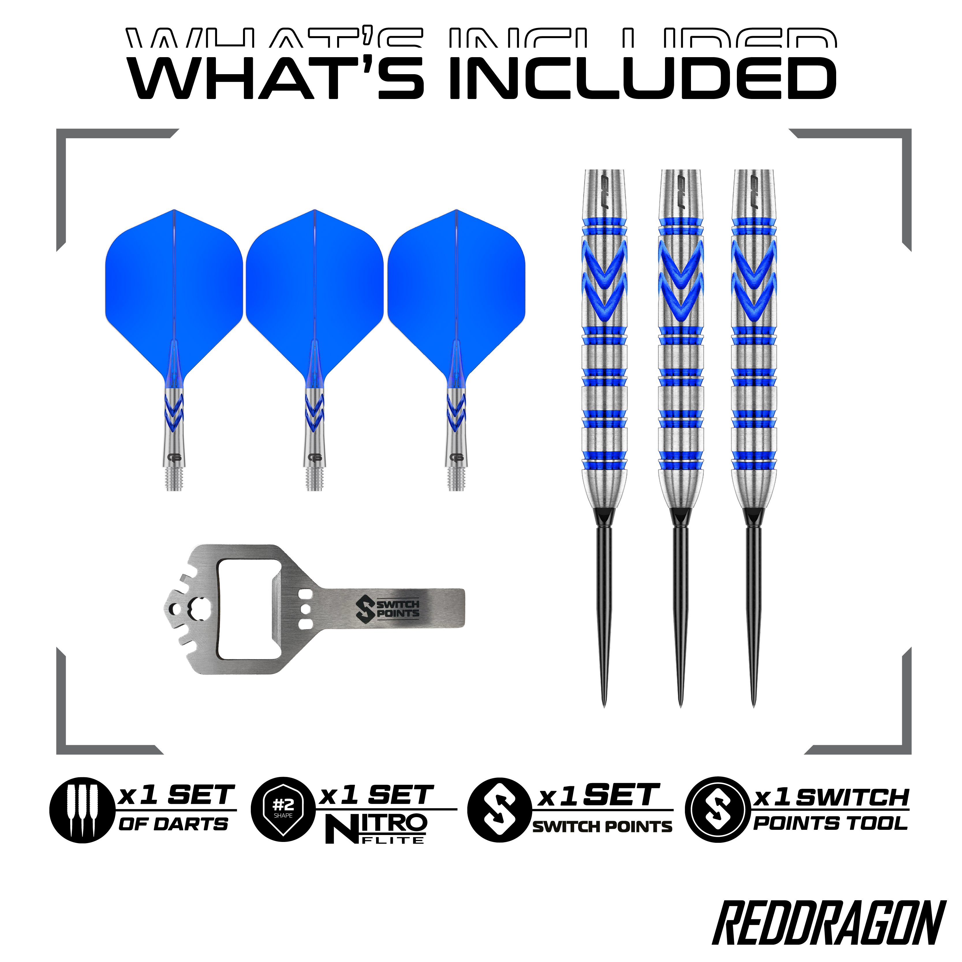 Hier sind die Red Dragon Gerwyn Price Blue Original Switch Point Steeldarts abgebildet. Sie zeichnen sich durch ihr blaues Design und hohe Präzision aus.