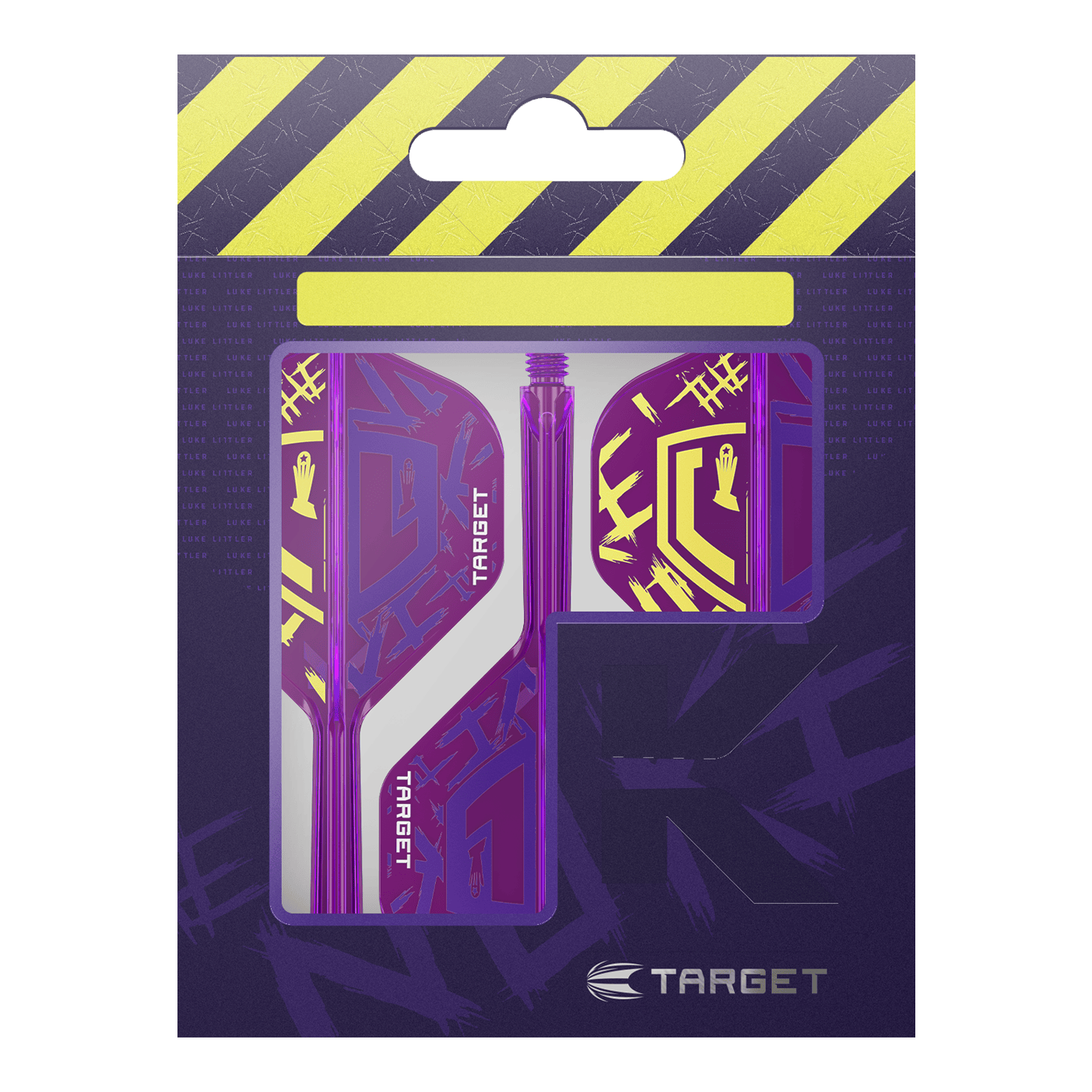 Target K-Flex Luke Littler World Champion 2025 No2 Standard Flights Die Abbildung zeigt die "Target K-Flex Luke Littler World Champion 2025 No2 Standard Flights" in einer Verpackung. Die Flights sind lila mit gelben Akzenten und dem Target-Logo gestaltet.