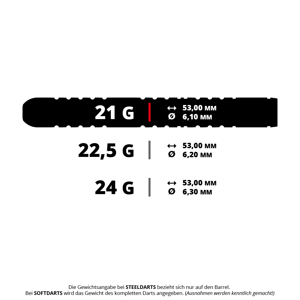 Das Bild zeigt die Gewichts- und Maßangaben für Winmau Michael Van Gerwen Evo-X Steeldarts in den Varianten 21 g, 22,5 g und 24 g. Die Längen und Durchmesser der Dartbarrels sind jeweils angegeben.