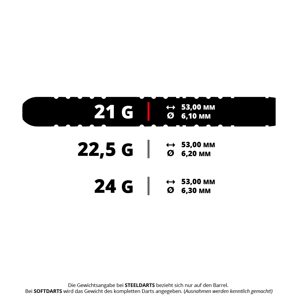 Winmau Michael Van Gerwen Evo-X steel darts Das Bild zeigt die Gewichts- und Maßangaben für Winmau Michael Van Gerwen Evo-X Steeldarts in den Varianten 21 g, 22,5 g und 24 g. Die Längen und Durchmesser der Dartbarrels sind jeweils angegeben.