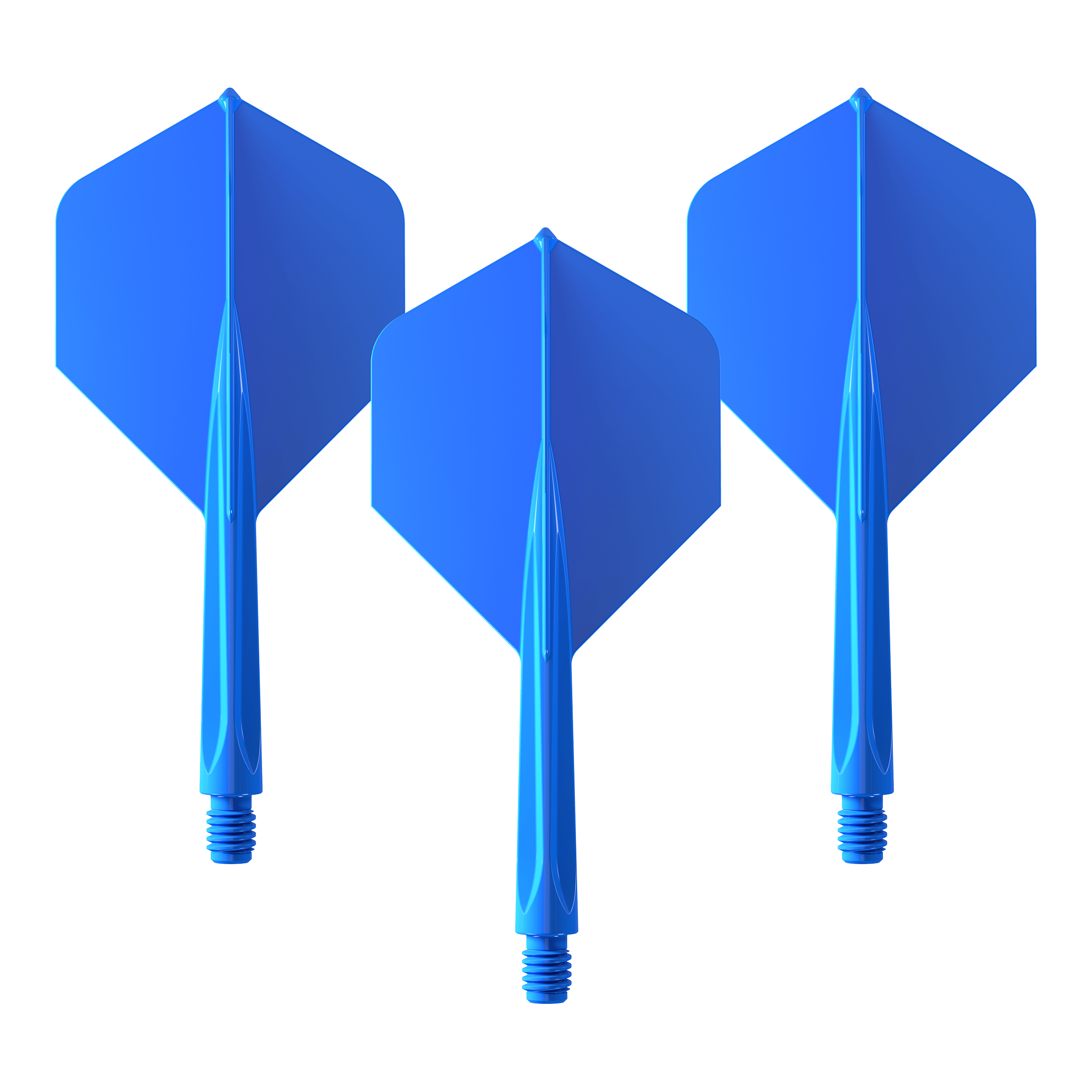 Das Bild zeigt drei blaue Dart-Flights des Produkts "Unicorn Forge All In One Plus No2 Standard Flights Blau - Medium". Sie sind mittelgroß und haben eine standardisierte Form.