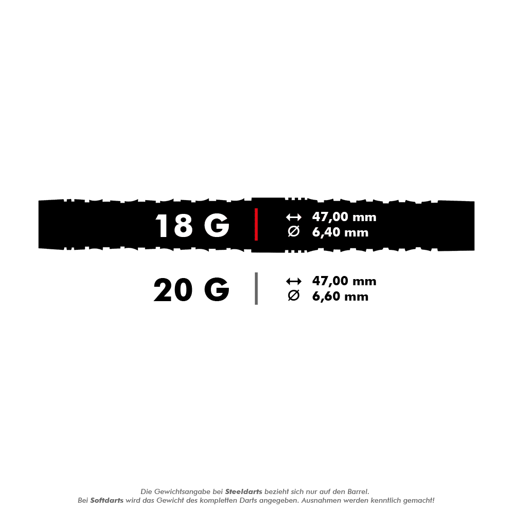 HA17041-Harrows-Wolfram-Infinity-97-Tungsten-Softdarts-5-18g Das Bild zeigt die Maße der Harrows Wolfram Infinity 97% Tungsten Softdarts. Die Darts sind in 18 g und 20 g erhältlich, beide mit einer Länge von 47,00 mm und einem Durchmesser von 6,40 mm bzw. 6,60 mm.