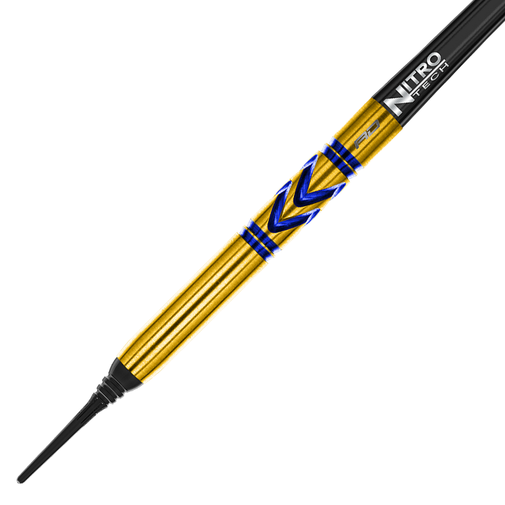 RD2546_Red_Dragon_Gerwyn_Price_Avalanche_Gold_Softdarts_2MCKbHU9y2PEgT Das Bild zeigt einen Red Dragon Gerwyn Price Avalanche Gold Softdart mit einem Gewicht von 20g. Der Dart ist goldfarben mit blauen Akzenten und einer schwarzen Spitze.