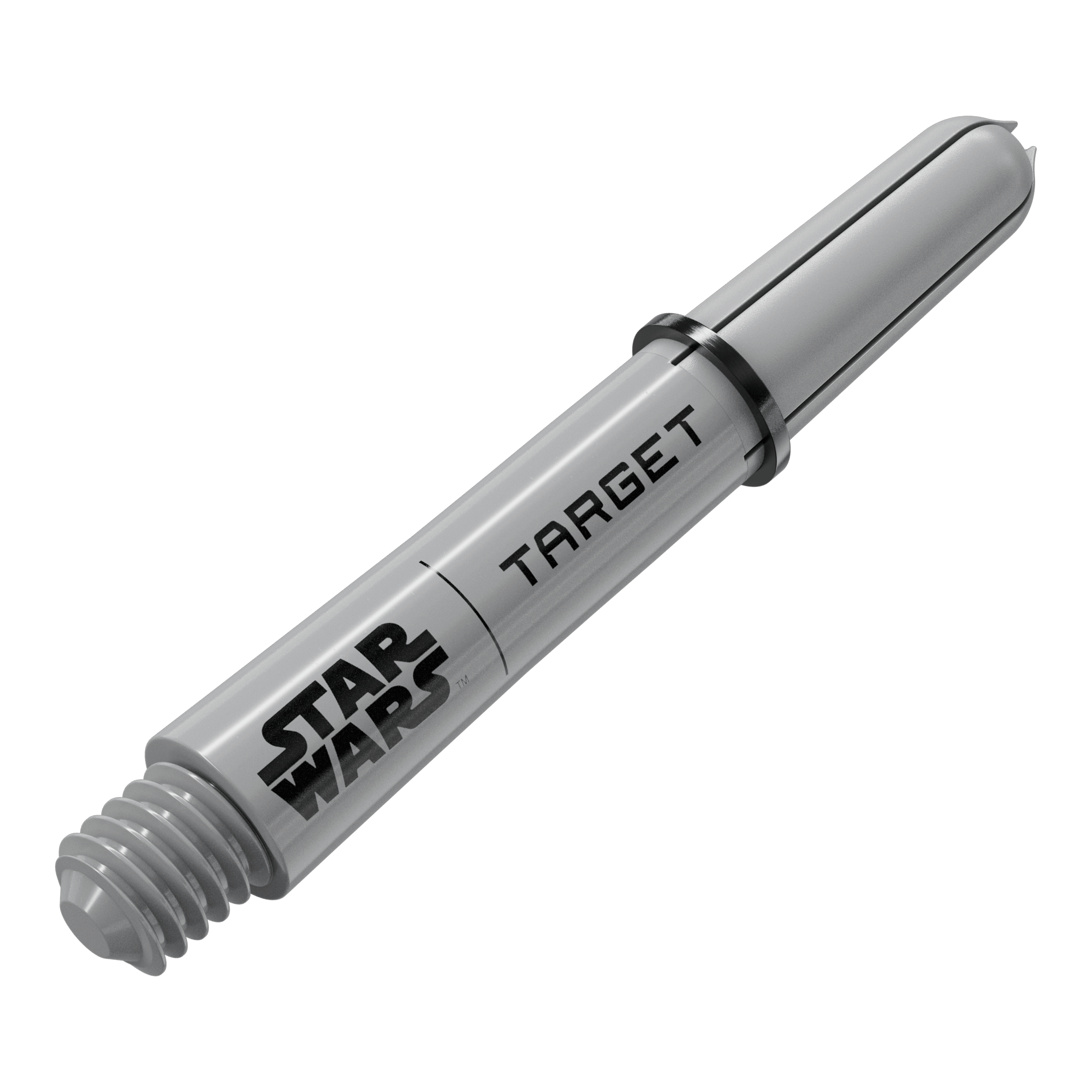 Target Star Wars ProGrip Shafts - Gray Dieses Bild scheint einen Target Star Wars Pro Grip Shaft in Grau, 34 mm zu präsentieren. Es handelt sich um eine weitere Perspektive der kurzen Variante.
