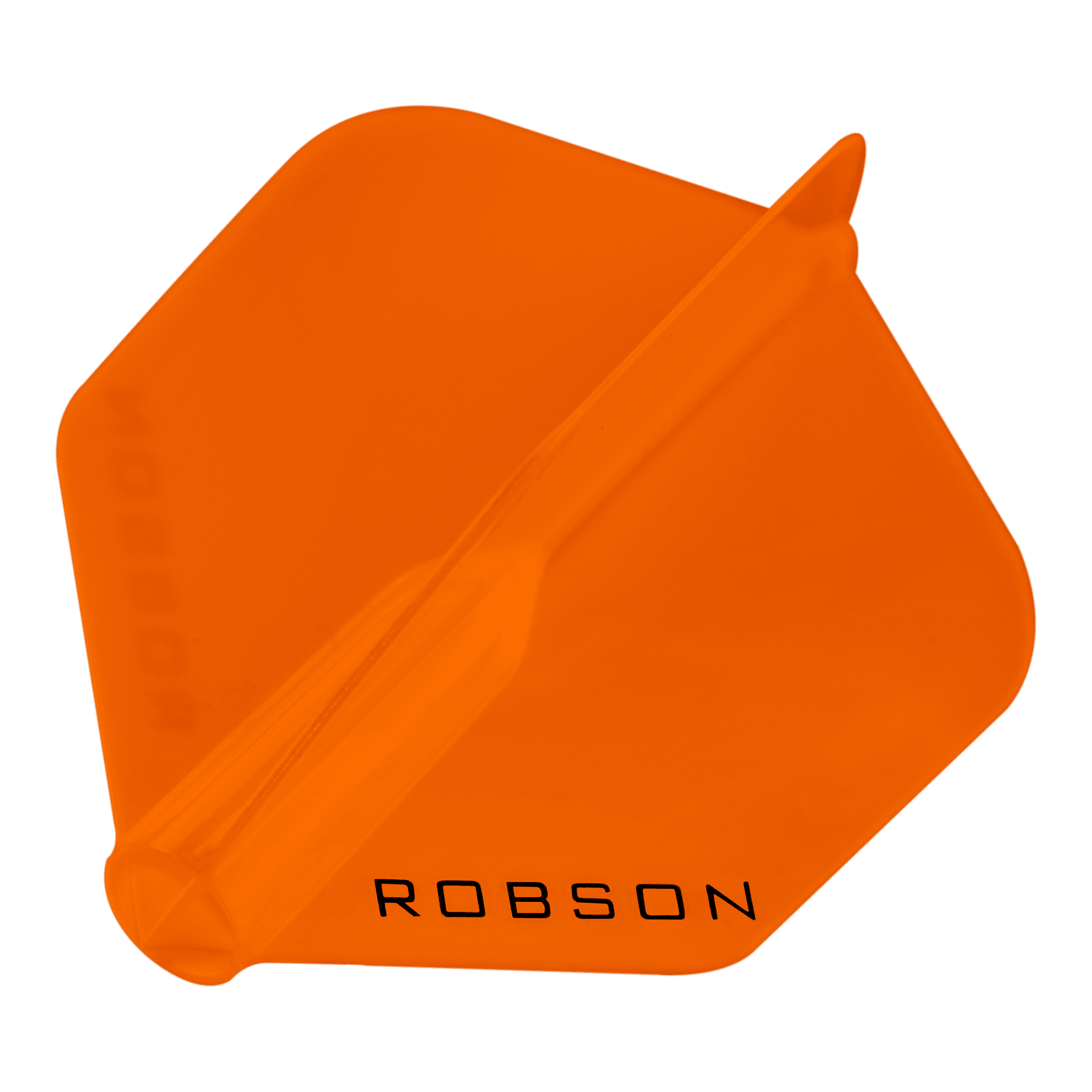 Robson Plus Flights - Standard Das Bild zeigt ein orangefarbenes Dart-Flügel mit der Aufschrift "ROBSON". Er hat eine sechseckige Form und ist transparent.