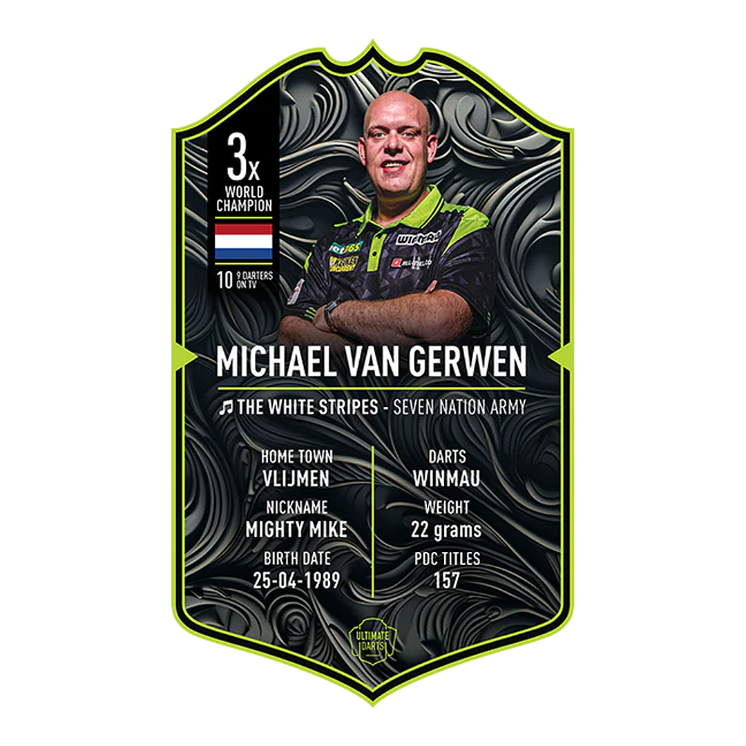 Ultimate Darts Card - Michael Van Gerwen 2025 Dies ist eine Sammelkarte von "Ultimate Darts" für Michael Van Gerwen aus dem Jahr 2025. Sie zeigt sein Foto und enthält Informationen wie seinen Spitznamen, Geburtsdatum, Heimatstadt und Statistiken.