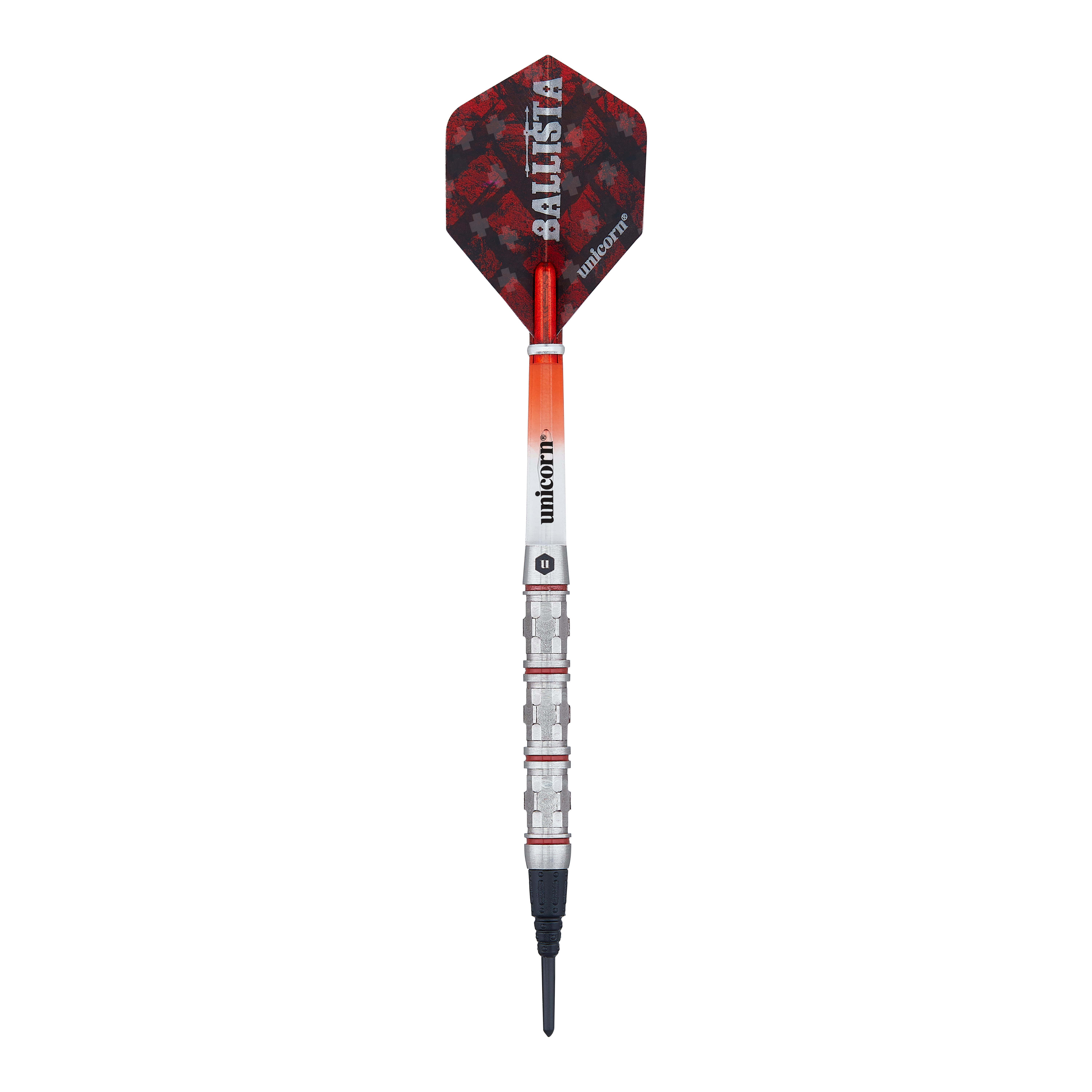 Unicorn Ballista Style 4 soft darts Das Bild zeigt einen Softdart der Marke Unicorn, Modell Ballista Style 4. Der Dart hat rote und schwarze Flights sowie einen silbernen, gerillten Barrel.