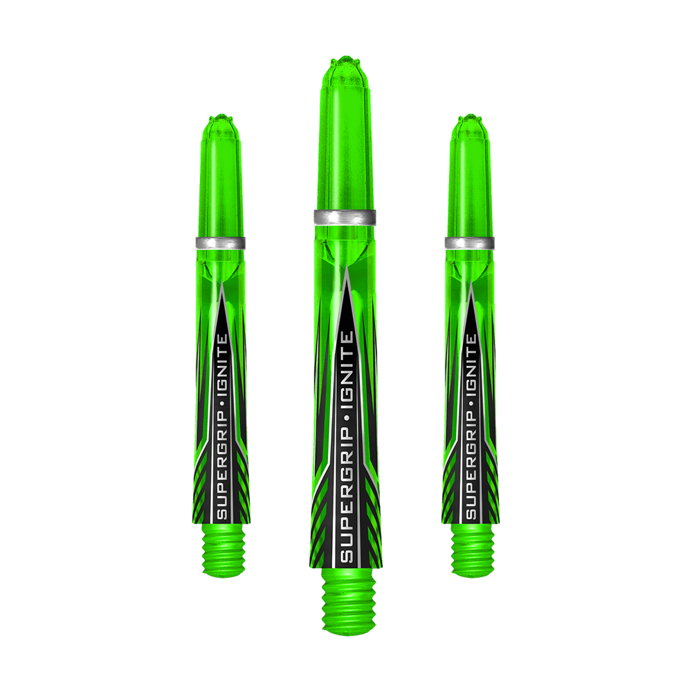 HR390_Harrows_Supergrip_Ignite_Shafts_Gr-n_40mm_1twMDBP71eqkB2 Das Bild zeigt drei grüne Harrows Supergrip Ignite Shafts. Sie sind nebeneinander angeordnet und haben ein modernes, transparentes Design mit schwarzer und silberner Beschriftung.
