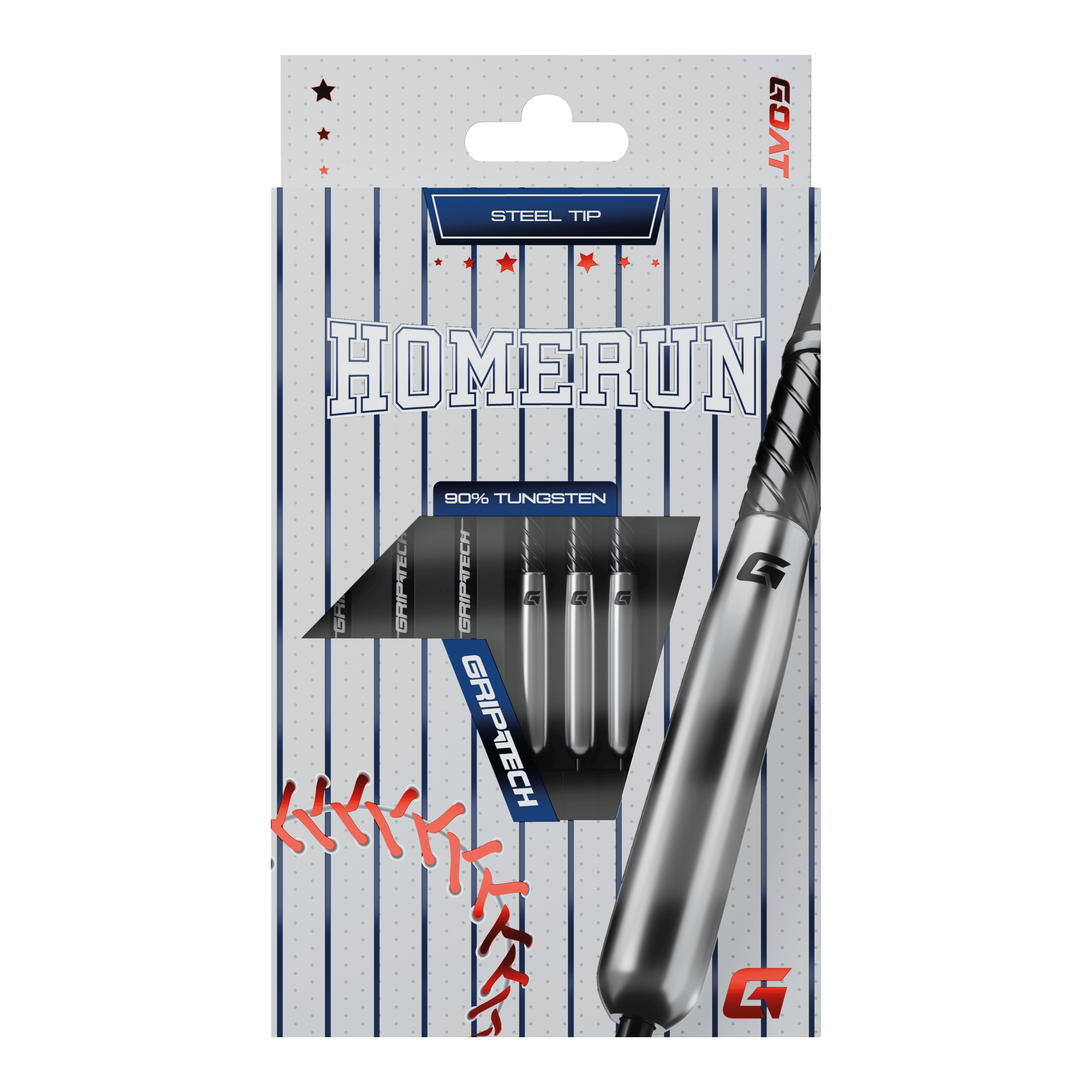 GOAT Homerun Baseball Tungsten Steel Darts Das Bild zeigt die Verpackung der "GOAT Homerun Baseball Tungsten Steeldarts" mit Stahlspitze. Auf der Vorderseite sind drei Darts sowie baseballtypische Designelemente abgebildet.