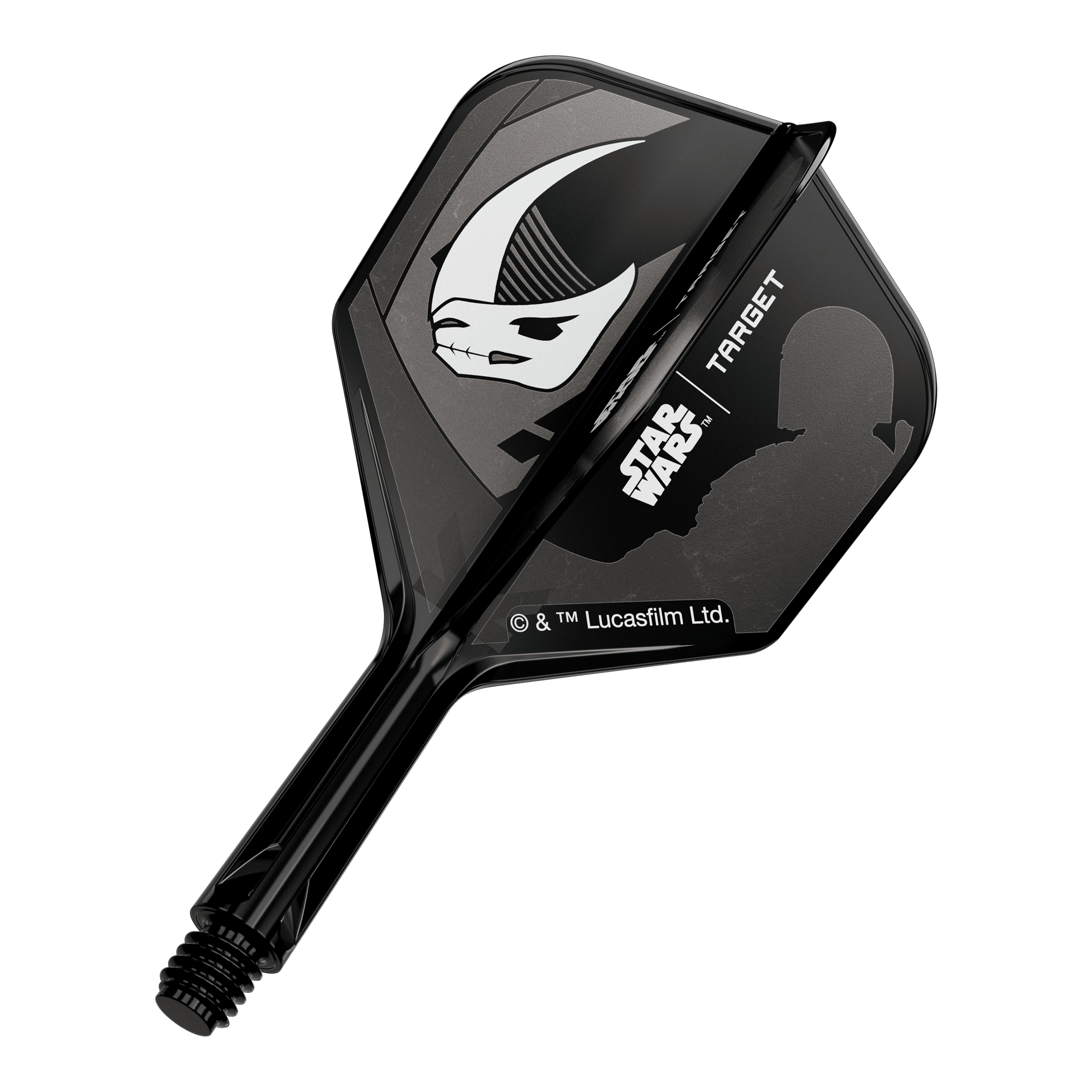 Target Star Wars K-Flex Set Mandalorian No6 Flights Abgebildet ist ein Motiv mit Mandalorianer-Rüstung, inspiriert von Star Wars. Das Design ist auf einem No6 Flights 19 mm Dart-Flügel zu sehen.