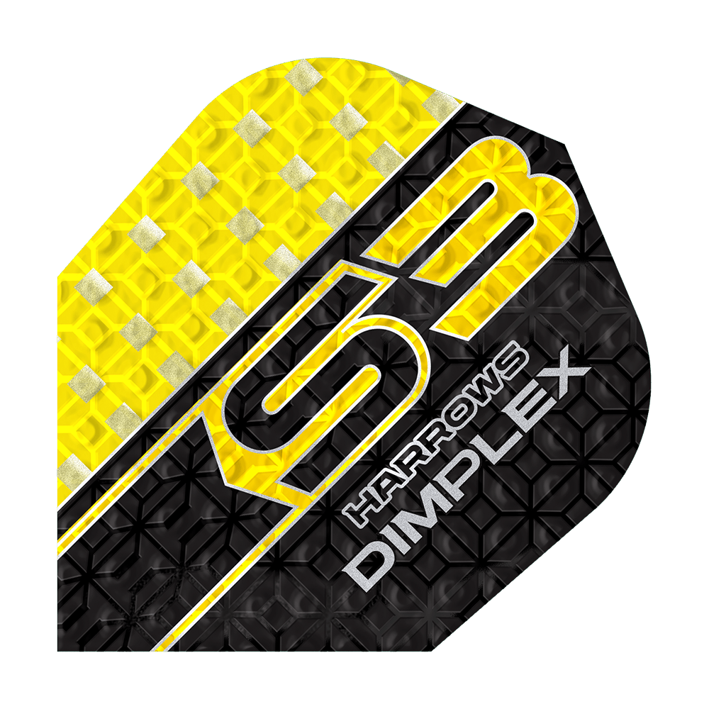 Harrows Dimplex S3 Flights - Yellow Das Bild zeigt das Produkt "Harrows Dimplex S3 Flights - Gelb". Das Flight ist gelb und schwarz mit silbernen Details und einem strukturierten Muster gestaltet.