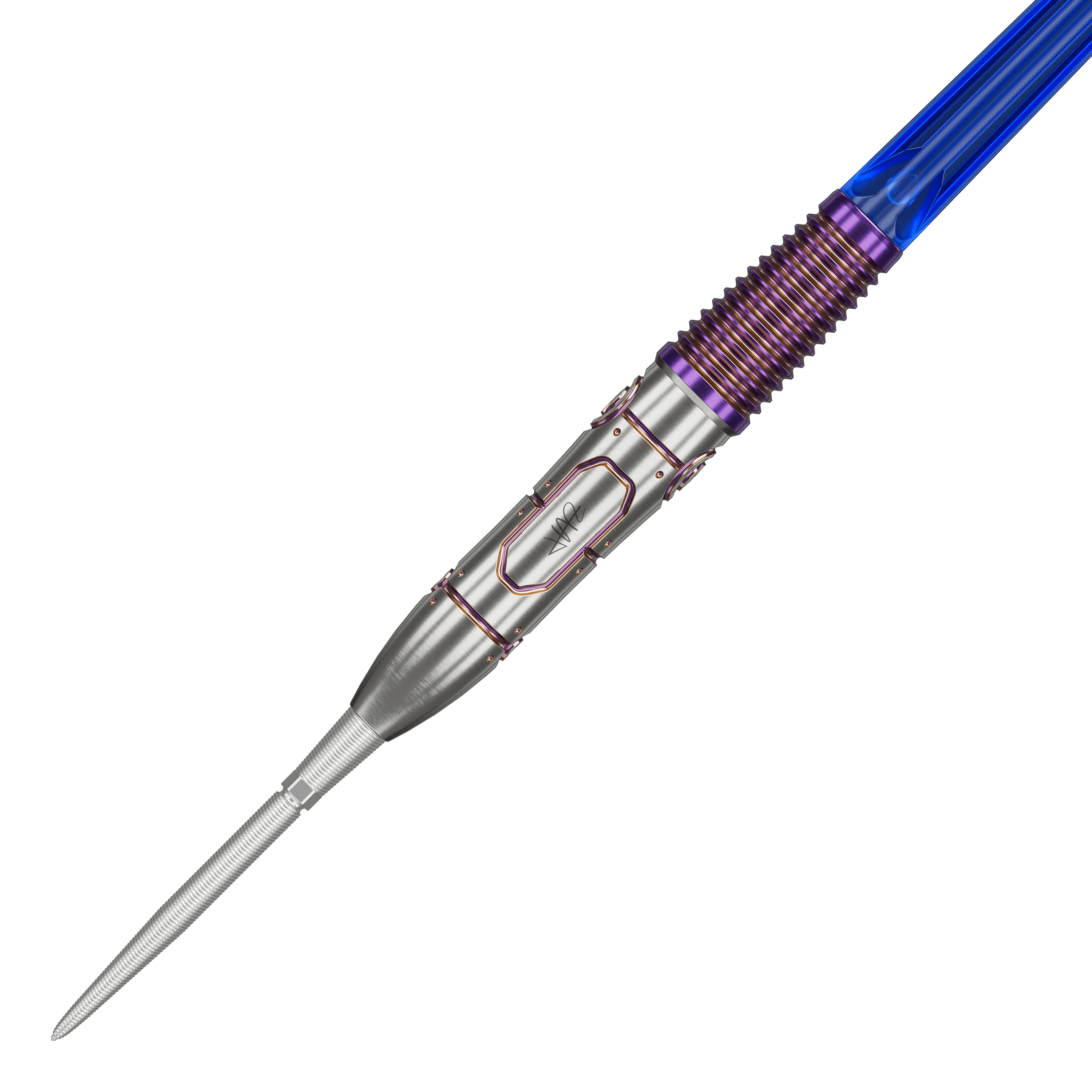 Target Japan Haruki Muramatsu Rising Sun GEN9 Steeldarts - 23g Das Bild zeigt einen Target Japan Haruki Muramatsu Rising Sun GEN9 Steeldart mit einem Gewicht von 23g. Der Dart hat ein auffälliges Design mit silberner Spitze, violetten Akzenten und einem blauen Schaft.